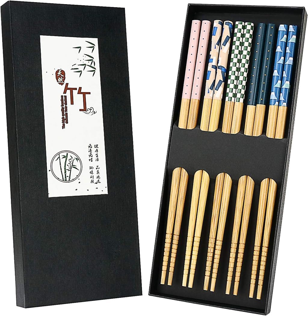 Azonee 5 Pairs Japanese Natural Reusable Bamboo Chopsticks with Unique Print, Chinese Tableware Set in Luxurious Gift Box for Sushi, Noodle, Rice, Ramen, Dishwasher Safe, 8.85 Inches Length