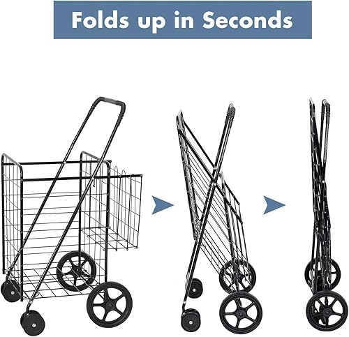 Miniatura 4 de IRONMAX Carrito de compras con ruedas, carritos de metal plegables con ruedas giratorias de 360 y cesta de almacenamiento adicional, cesta plegable