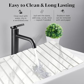 Large Stone Dish Drying Mat for Kitchen Counter, Quick Dry Dish Drying Mats, Foldable Absorbent Diatomaceous Earth Mats for Dishes Bottles Cup, Match Any Countertop (White Marble 2816 & 8x4)