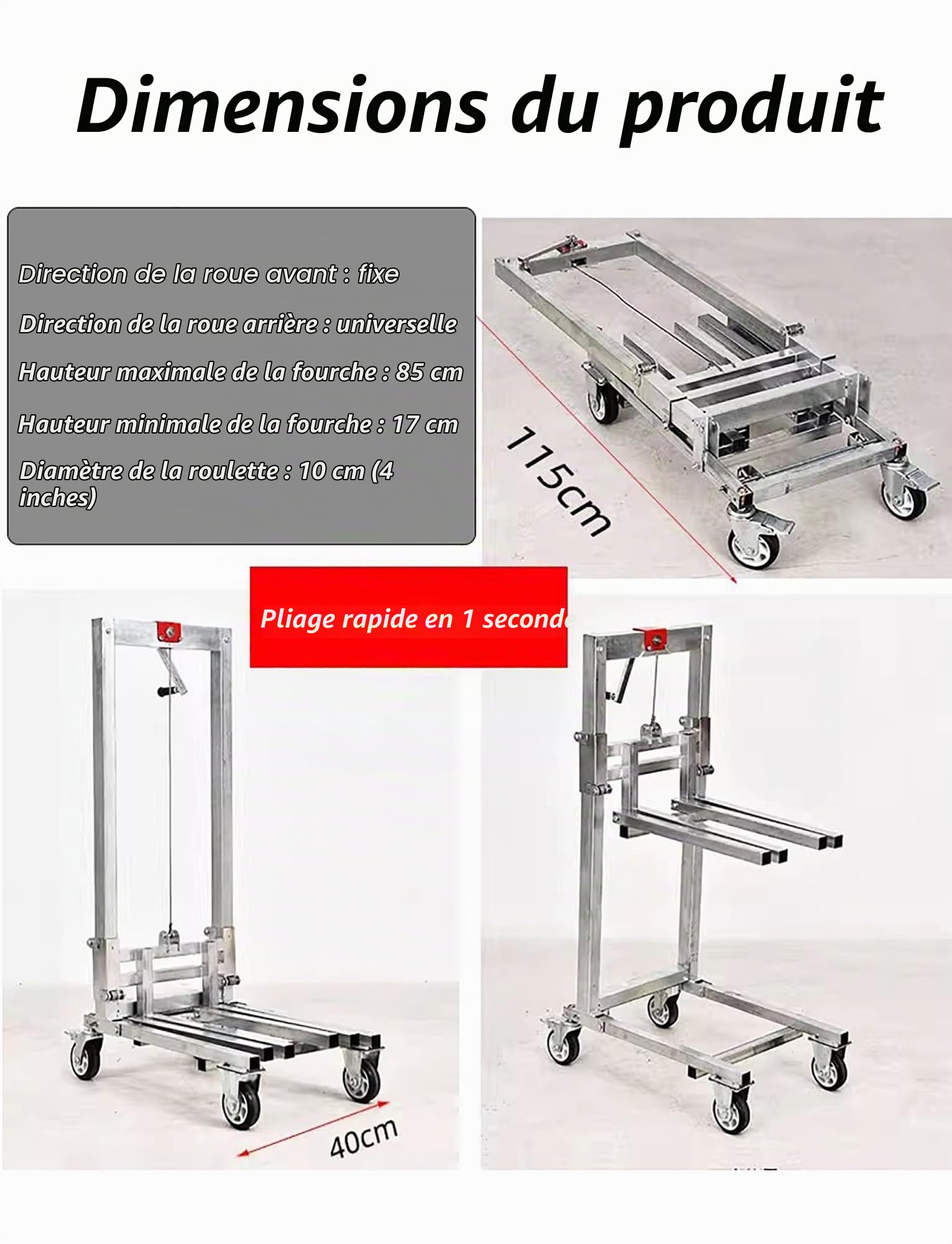 Gerbeur manuel pliable - Chariot élévateur en acier galvanisé for garage et entrepôt, capacité de 60 kg, chariot élévateur à manivelle robuste