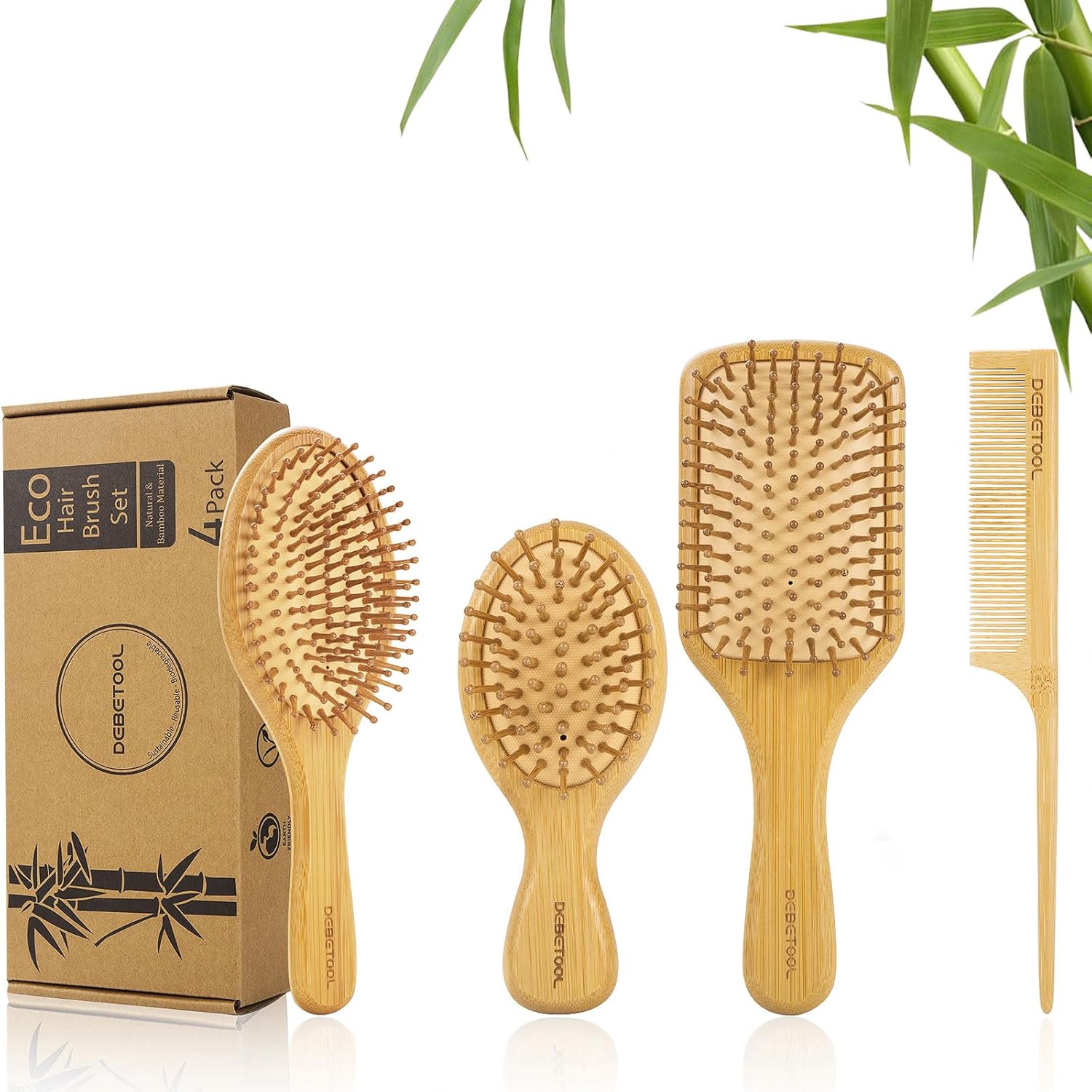Bamboo Hair Brush and Comb Set for Women Men and Kids,Natural Bamboo wood Wide-tooth brush and tail comb – Paddle Detangling Brush for Wet Dry Curly Hair