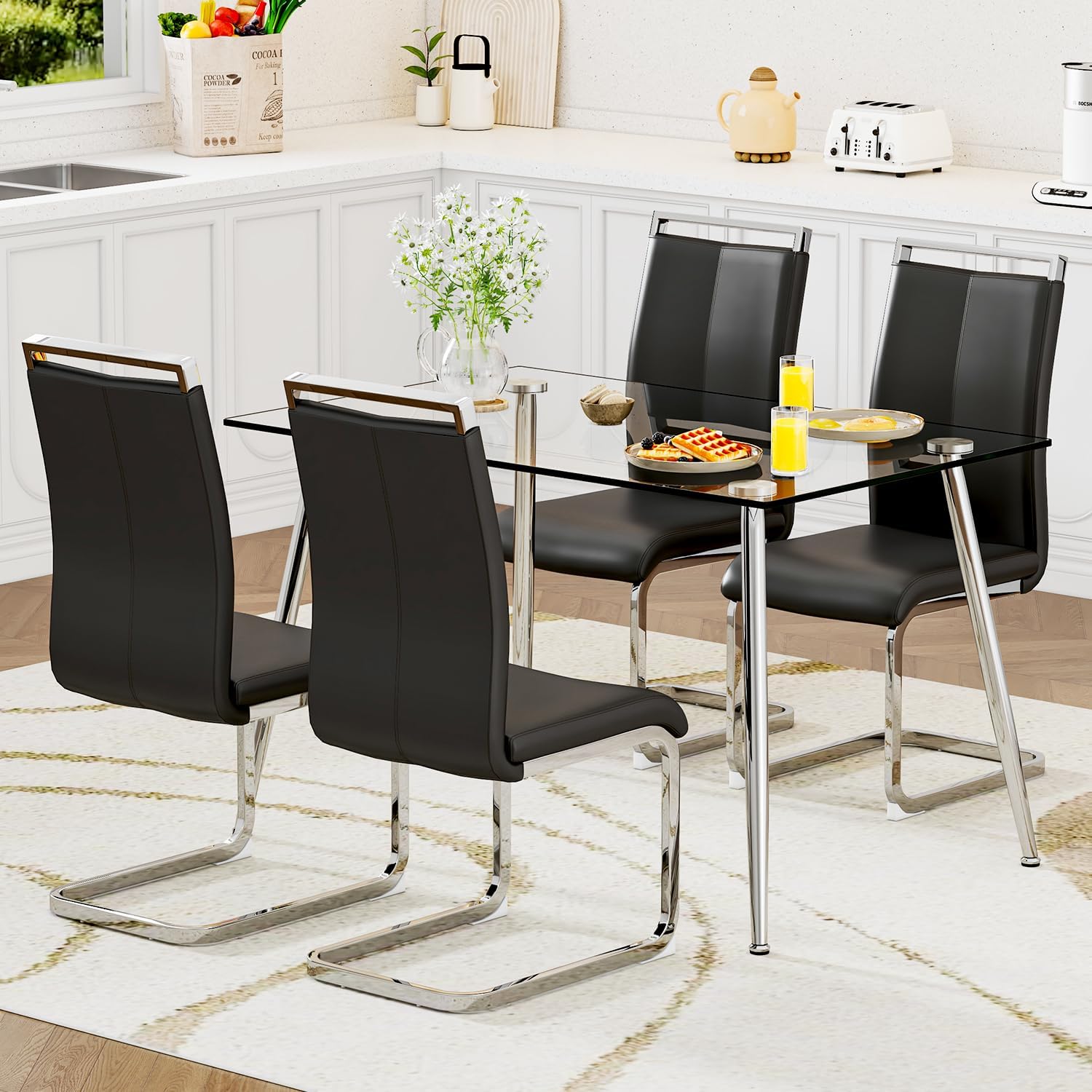 Ebullient Glass Dining Table Set for 4, 5-Piece Set with 4 Black PU ...
