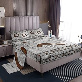 Manfei Horseshoe Sheet Set Twin Size, Texas Star Bed Sheet Set 3pcs with Deep Pocket Fitted Sheet + Flat Sheet + 1 Pillowcase, Western Cowboy Wooden Plank Bedding Set for Kids Boys Teens Room Decor