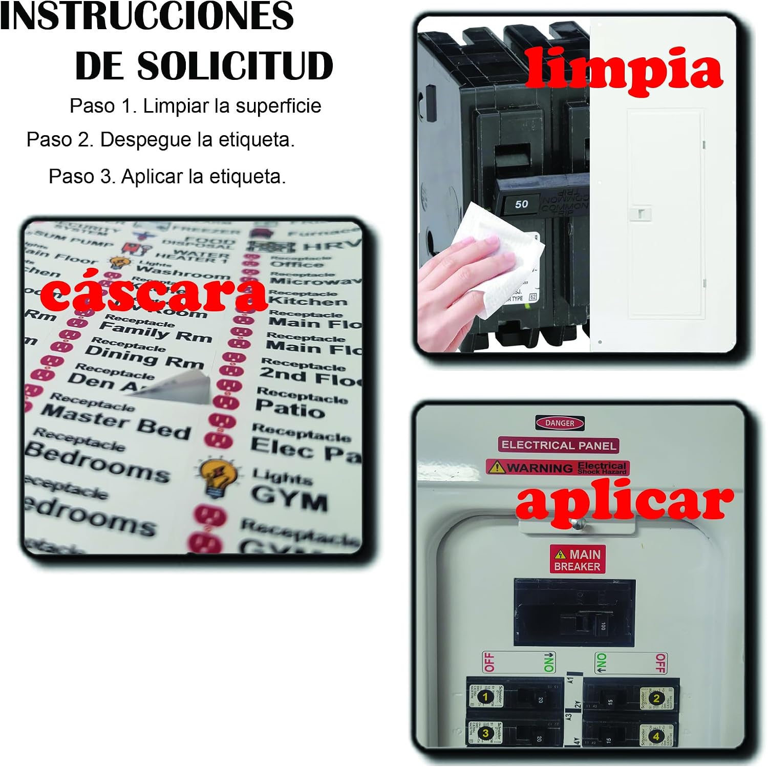 Spanish 48 Circuits Bidirectional Breaker Directory Label Kit with Colored Icons & Panel Markers for All Electrical Panel Strong Adhesive Durable Vinyl