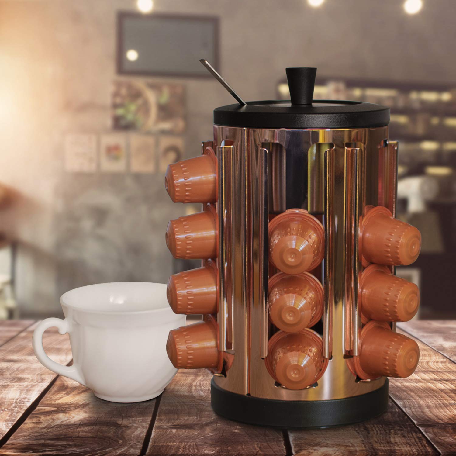 Portacápsulas Café Giratorio 360° Compatible con Nespresso y Dolce Gusto – Organizador Cápsulas 24 – Acero Inoxidable y Metacrilato – Diseño Elegante para Cocina y Oficina