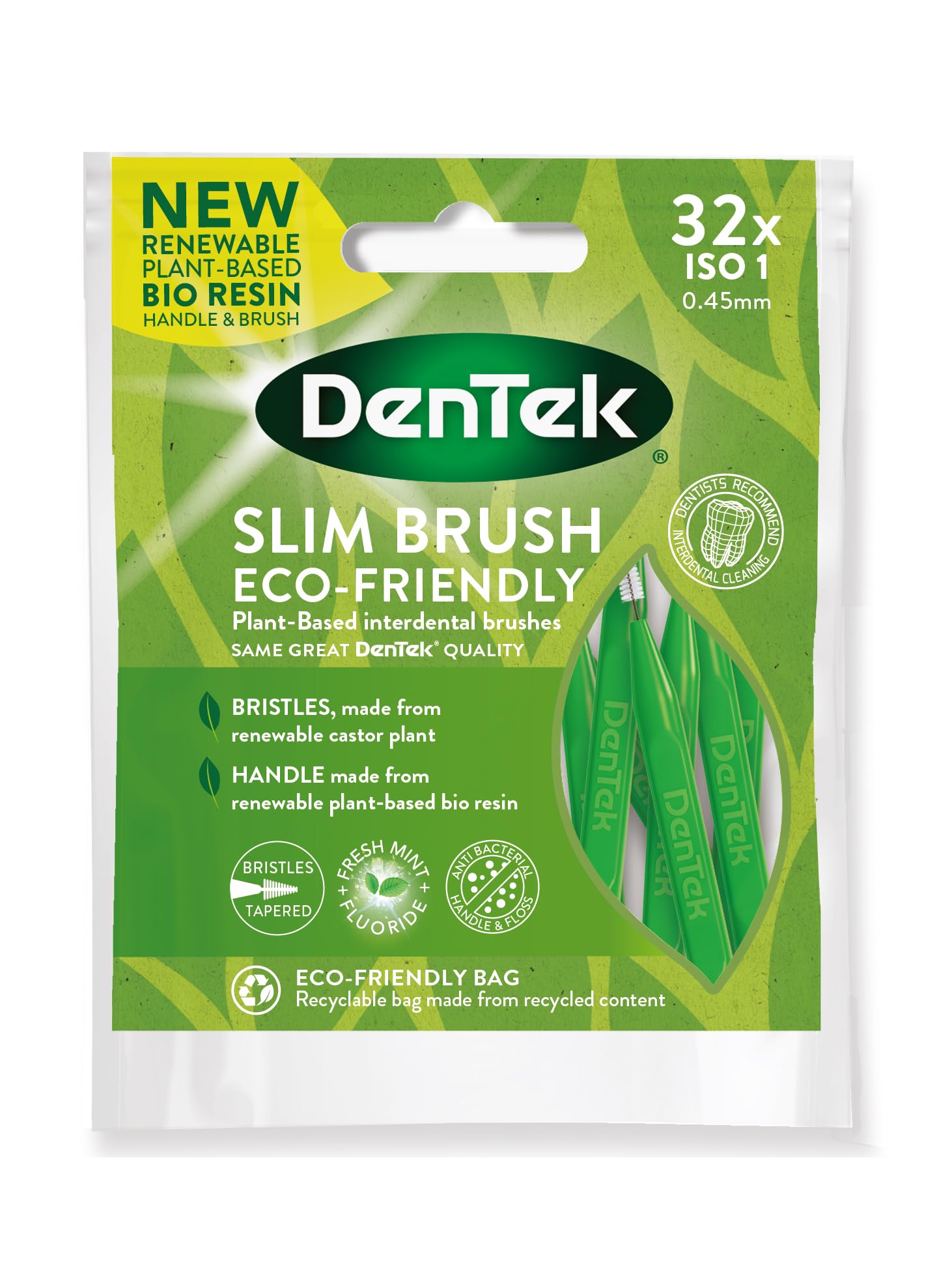 DenTek ECO Slim Brush Mint Flavoured Interdental Brushes (ISO1) for Cleaning Between Tight Teeth, Removing Food and Plaque, 32 Pack.