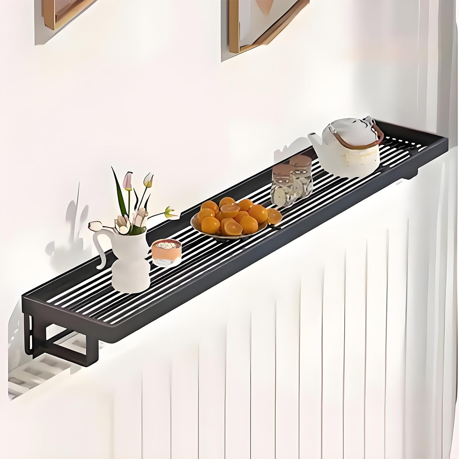 Mensola per termosifone, senza fori, in metallo ispessito, con spazioso ripiano da appoggio, adatta per soggiorno, camera da letto, ufficio (nero, 40 x 12 x 7 cm)