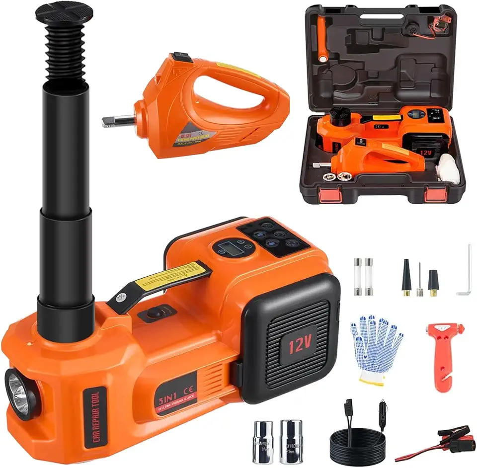 Kit Macaco Elétrico 12V, 5 Toneladas com Chave de Impacto e Inflador de Pneus, Laranja e Preto, Portátil com Maleta, para Carros e SUVs