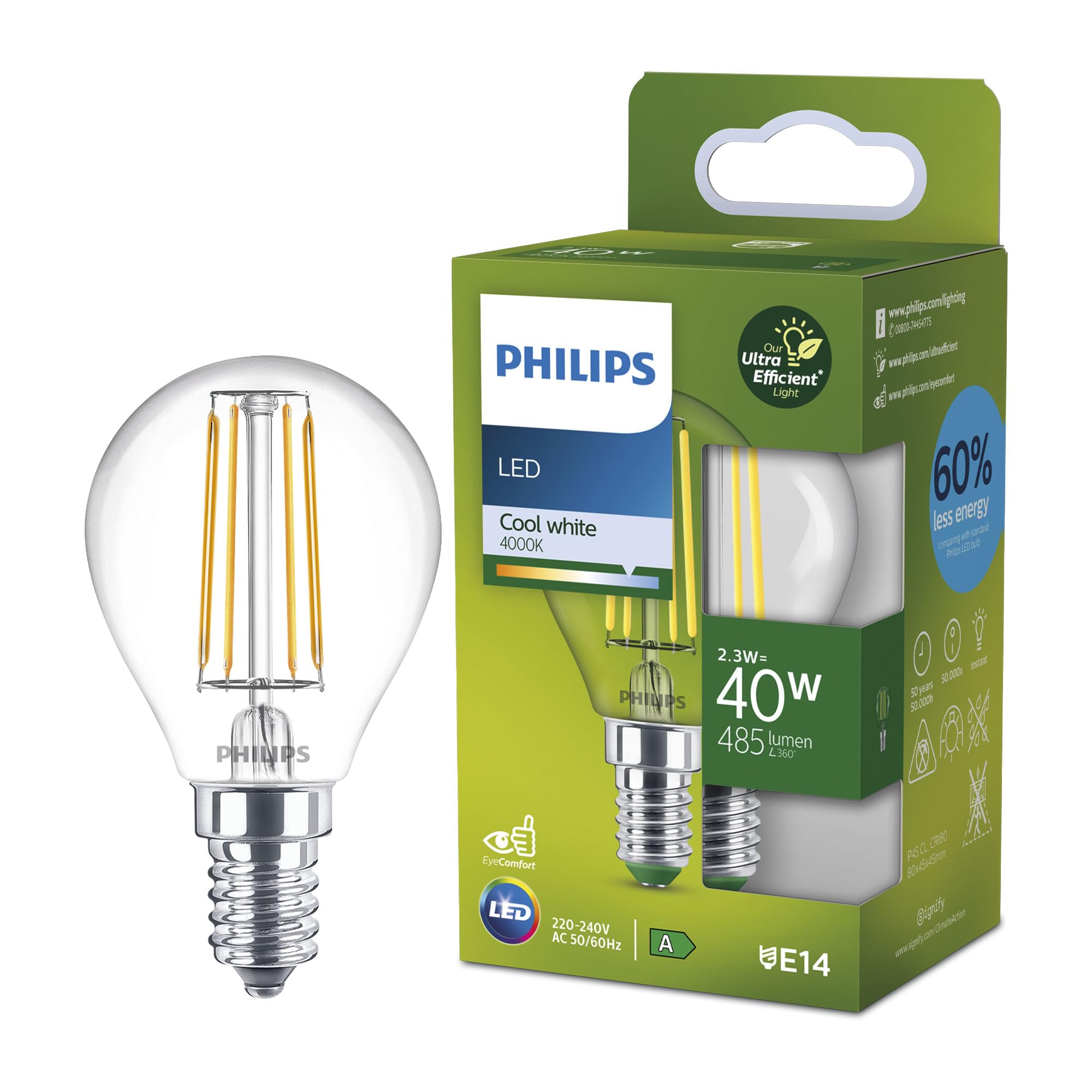 Philips LED Light Bulb Classic, UltraEfficient, 40 W, 485 Lumen, P45, E14 4000 K, Clear Glass