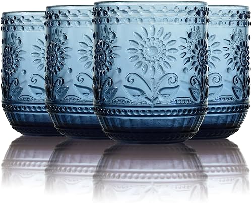 Wongblee Vasos de agua con relieve floral de 12 onzas, juego de 4 vasos de cristal de colores (azul)