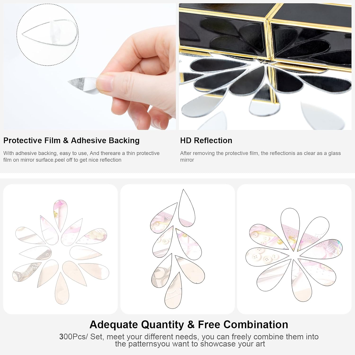 300Pcs Teardrop Craft Mirrors Mosaic Tiles Bulk Tiny Teardrop Craft Mirrors Stickers Pieces Mini Self-Adhesive Acrylic Mosaic Pieces for DIY Projects Wall Decor