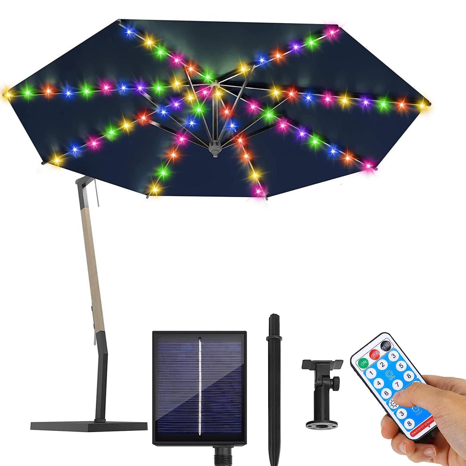 Solar Regenschirm Licht mit 8 Beleuchtungsmodi und Fernbedienung Akku LED Regenschirm Terrasse Licht Außenbeleuchtung Strandzelt Garten Camping Party Dekoration (Mehrfarbig)