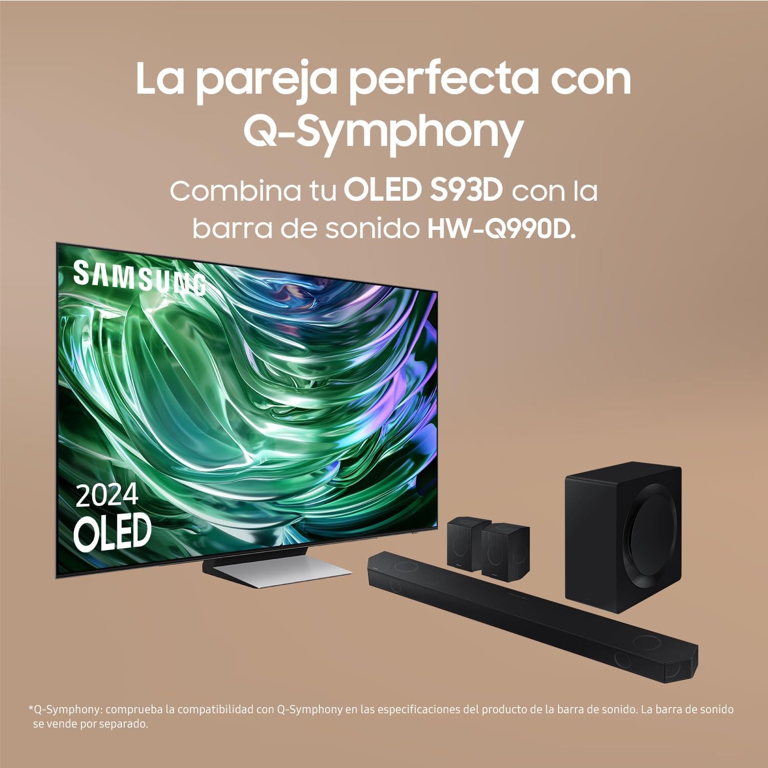 Samsung OLED S93D TV paired with a Samsung HW-Q990D soundbar and rear speakers, illustrating Q-Symphony