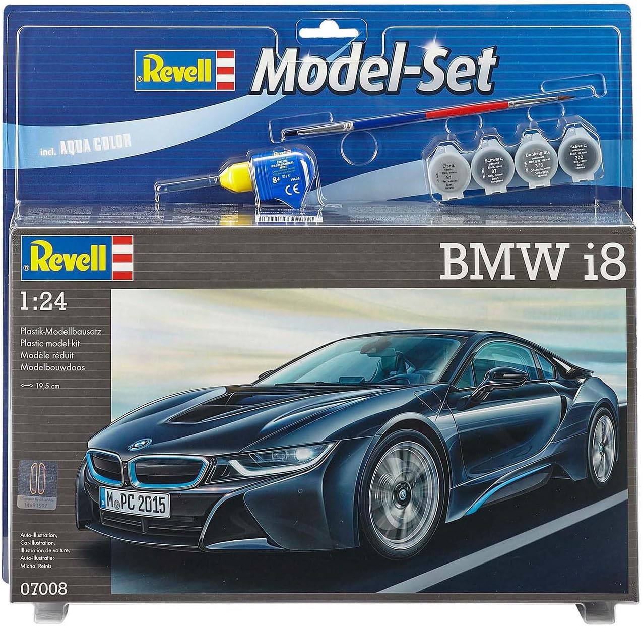 Revell Model Set 67008 BMW i8 1:24 Scale Unbuilt/Unpainted Plastic Model Kit with Contacta Professional Glue, Paintbrush & Selected Aqua Color Paints