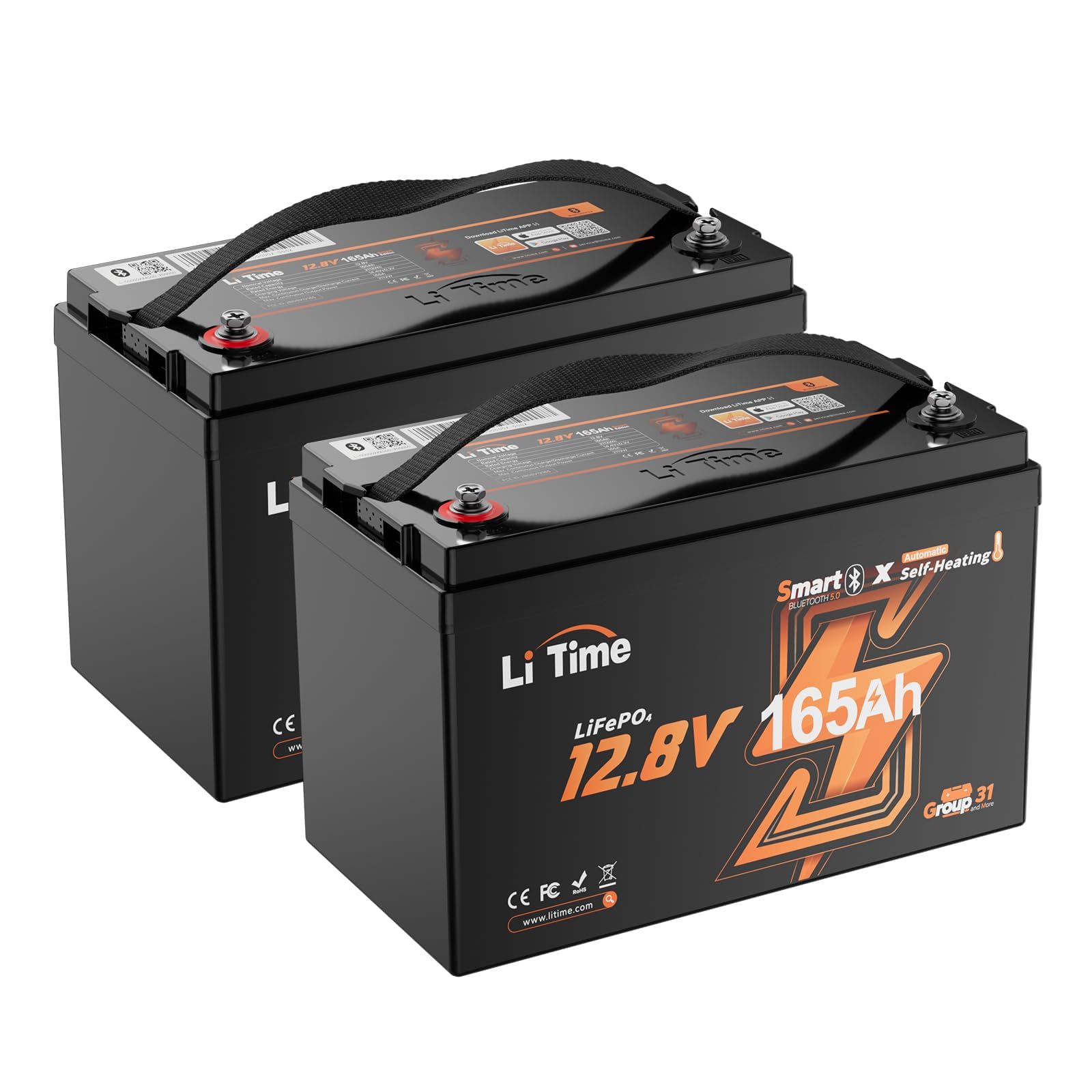 Litime 12V 165Ah LiFePO4 Battery with Self-Heating for RV, Marine(2 Pack)