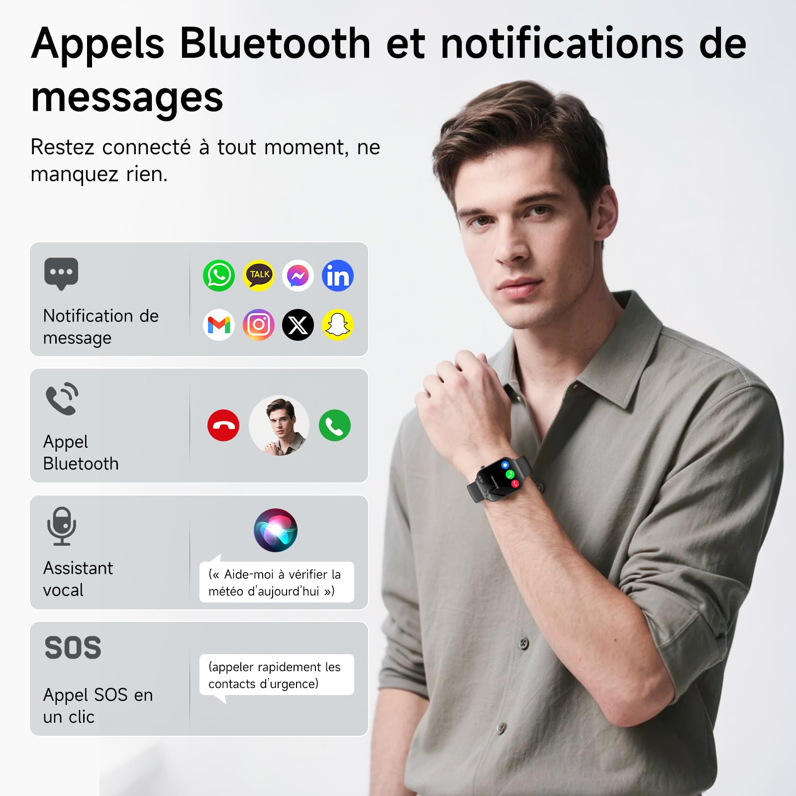 Nouv’ECG Smartwatch Homme Pression Artérielle, 2.2" Écran Incurvé