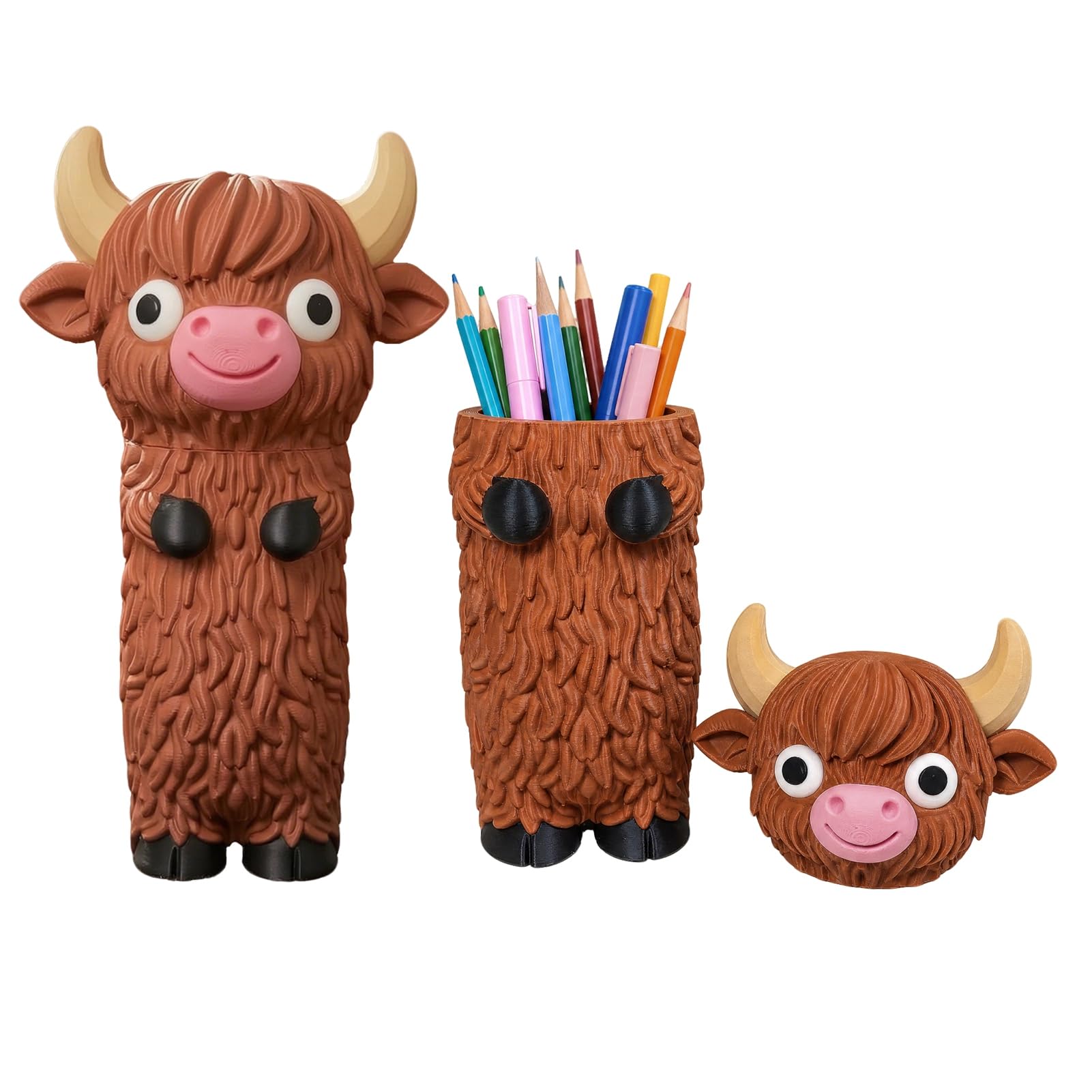 Glifora Highland Cow Pencil Holder - 3D Printed Desk Pen Organiser for Desk, Classroom and Office, Cute Animal Decor