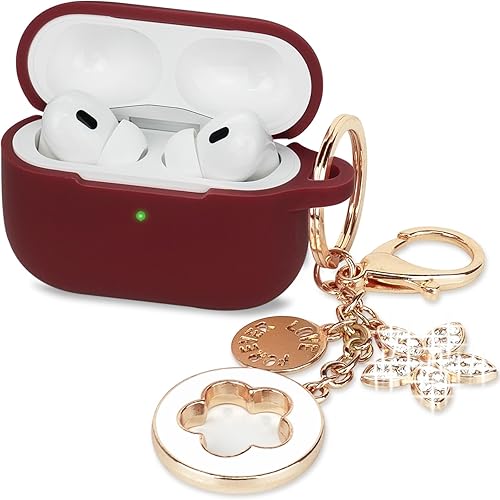 Funda para Airpods Pro 2, funda protectora de silicona con bonito llavero brillante, color borgoña