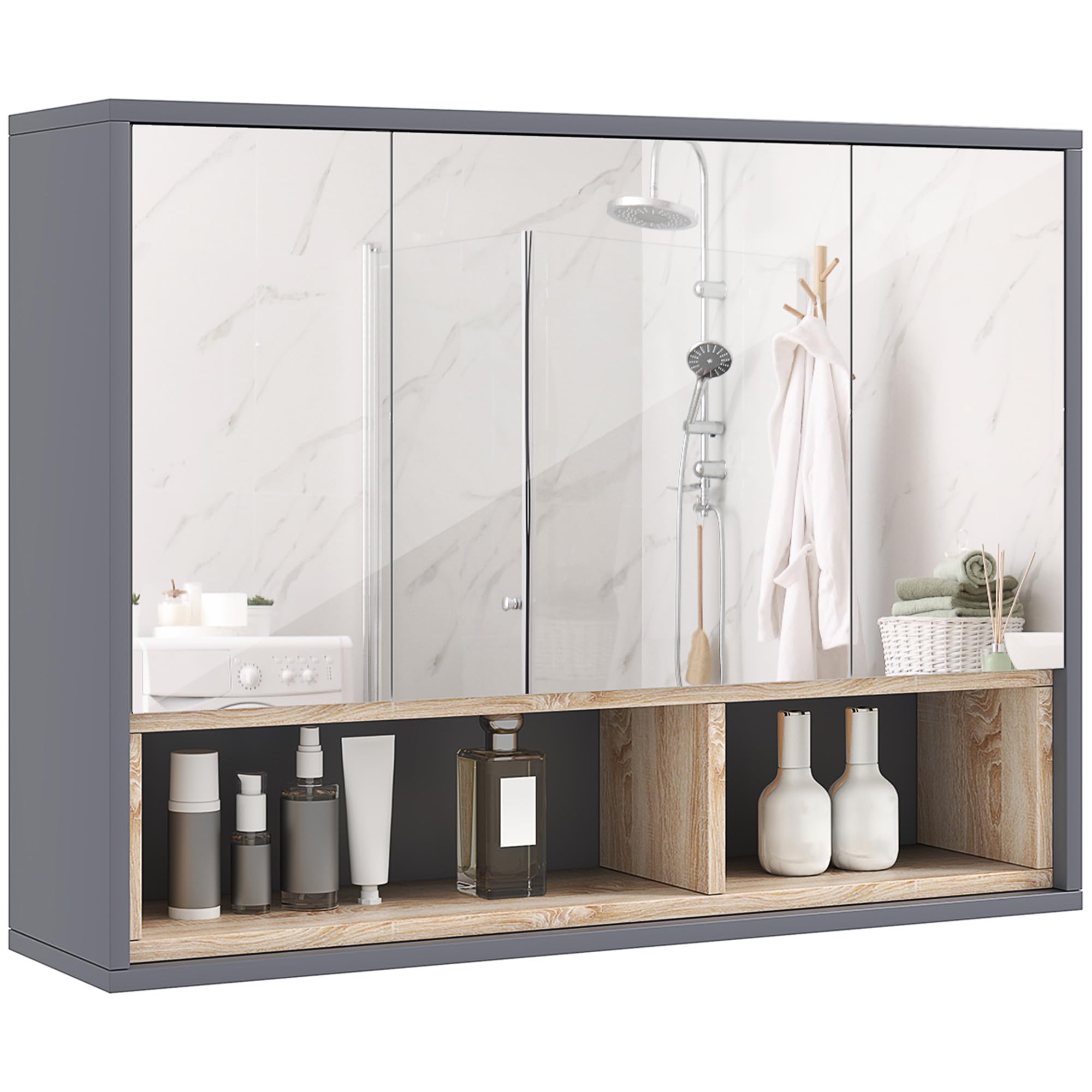 HOMCOM Bathroom Cabinet Wall Mounted Mirror Storage w/ Shelves Grey 80L x 20W x 60Hcm