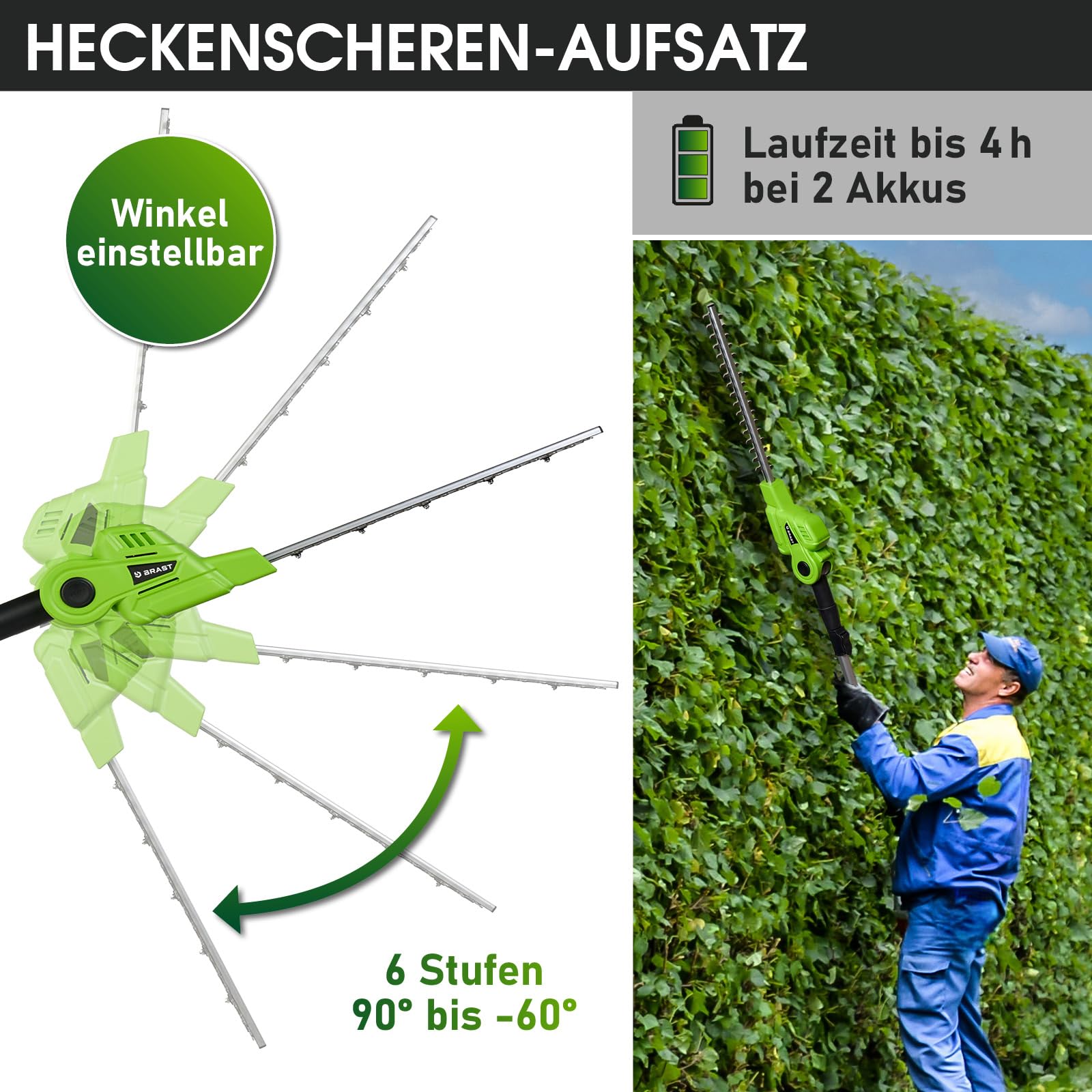 BRAST® Teleskop-Heckenschere und Hochentaster | 2in1 Funktion | 2X 20V 4Ah Akkus + Ladestandsanzeige | stufenlos verstellbar | inkl. Schnellladegerät, gummierter Griff + Schultergurt