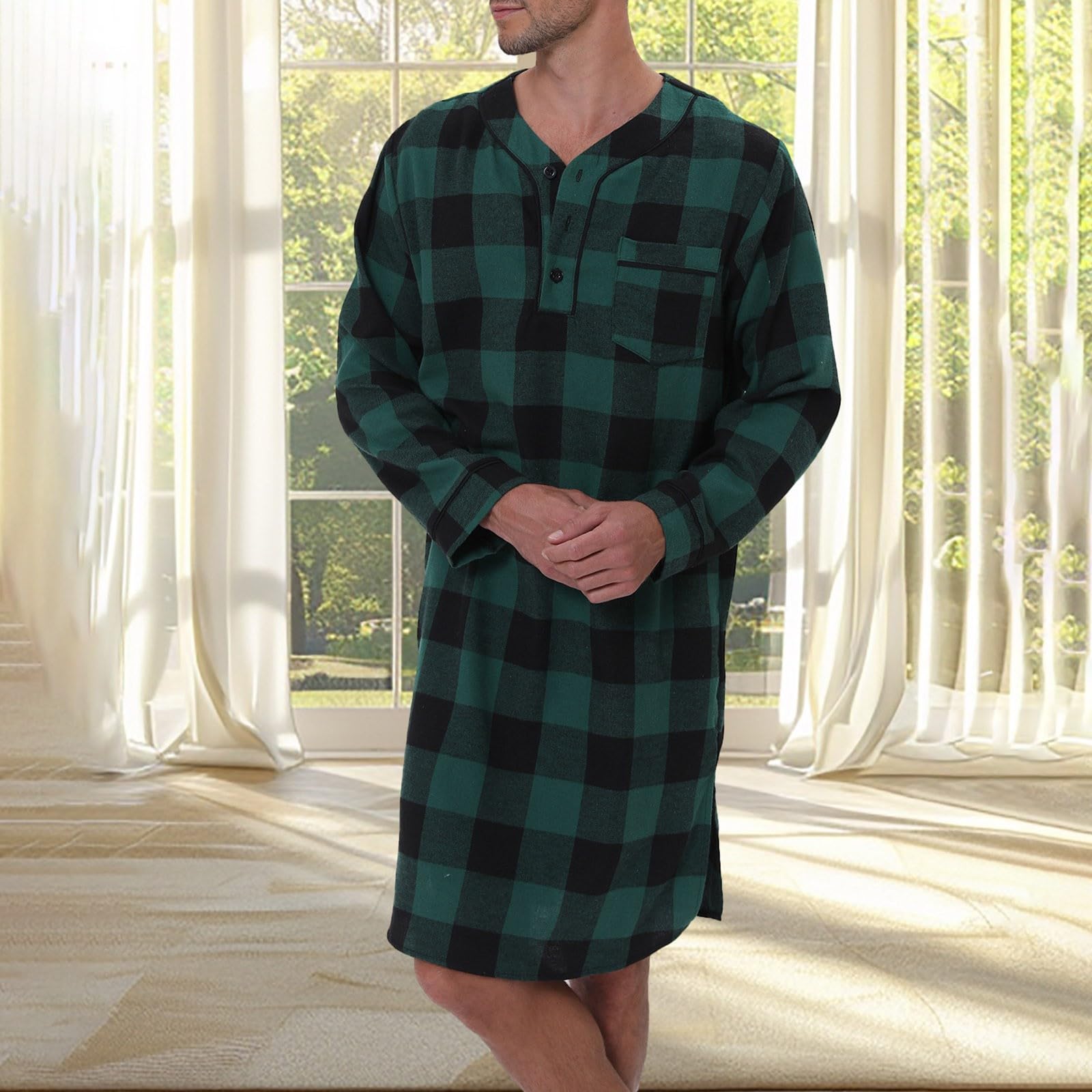 Flanell Nachthemd Herren Casual Langarm Knopf Shirt Unregelmäßiger Saum Kariertes Weiche Loungewear Baumwolle Lange Robe Saunamantel Atmungsaktiv Leichte Nachthemd