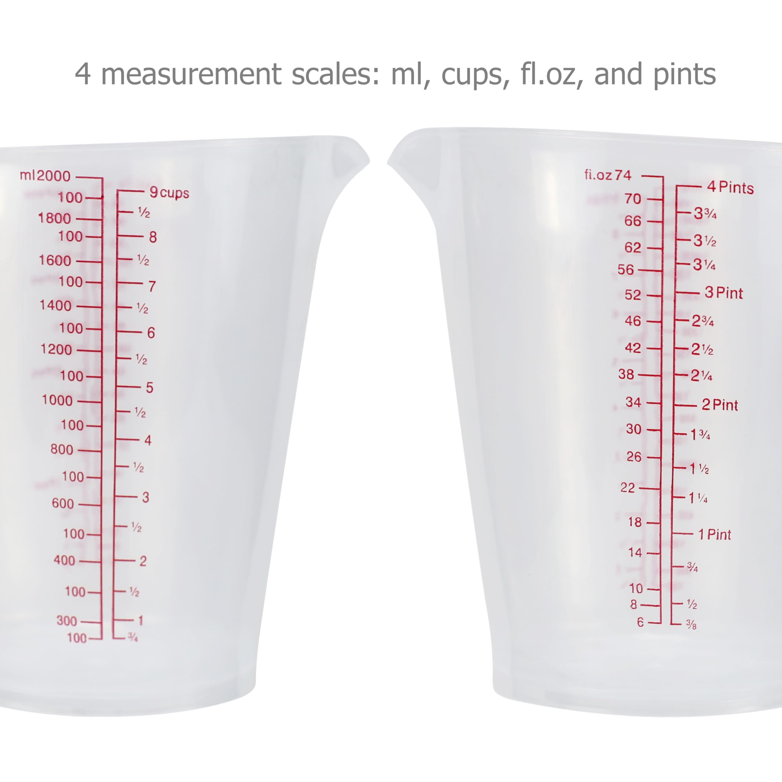 EIKS Tasses à mesurer en plastique pour mesurer le mélange, la cuisine, la pâtisserie, les loisirs créatifs, la peinture (2 000 ml x 2 + 250 ml x 2)