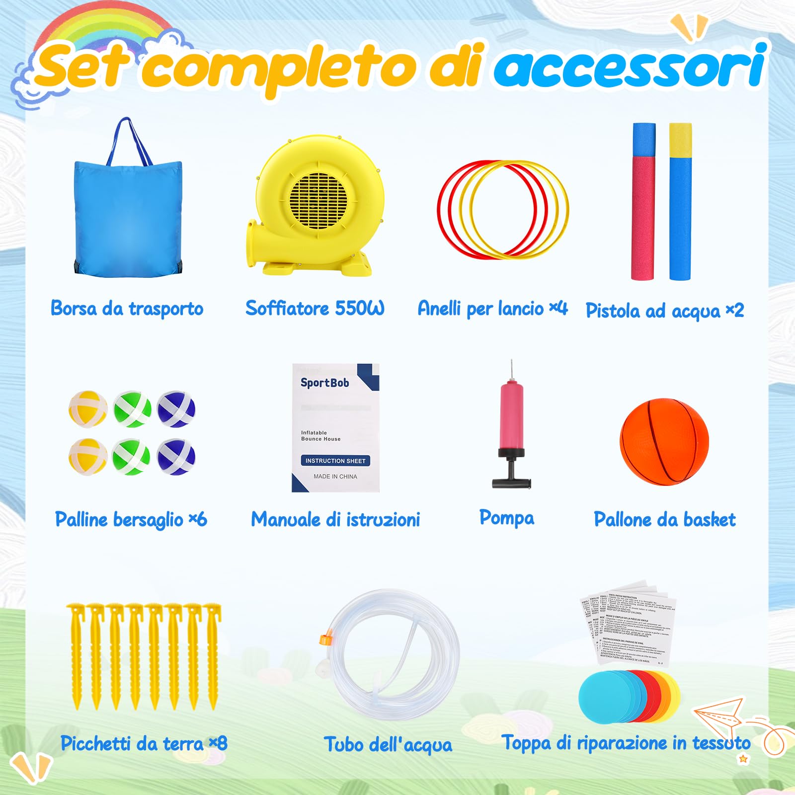 Castello Gonfiabile con Scivolo Acquatico, Piscina di Palline, Area di Salto e Parete da Arrampicata, Soffiatore d'aria Incluso, Utilizzo Interno/Esterno per Giardini, Feste e Famiglie