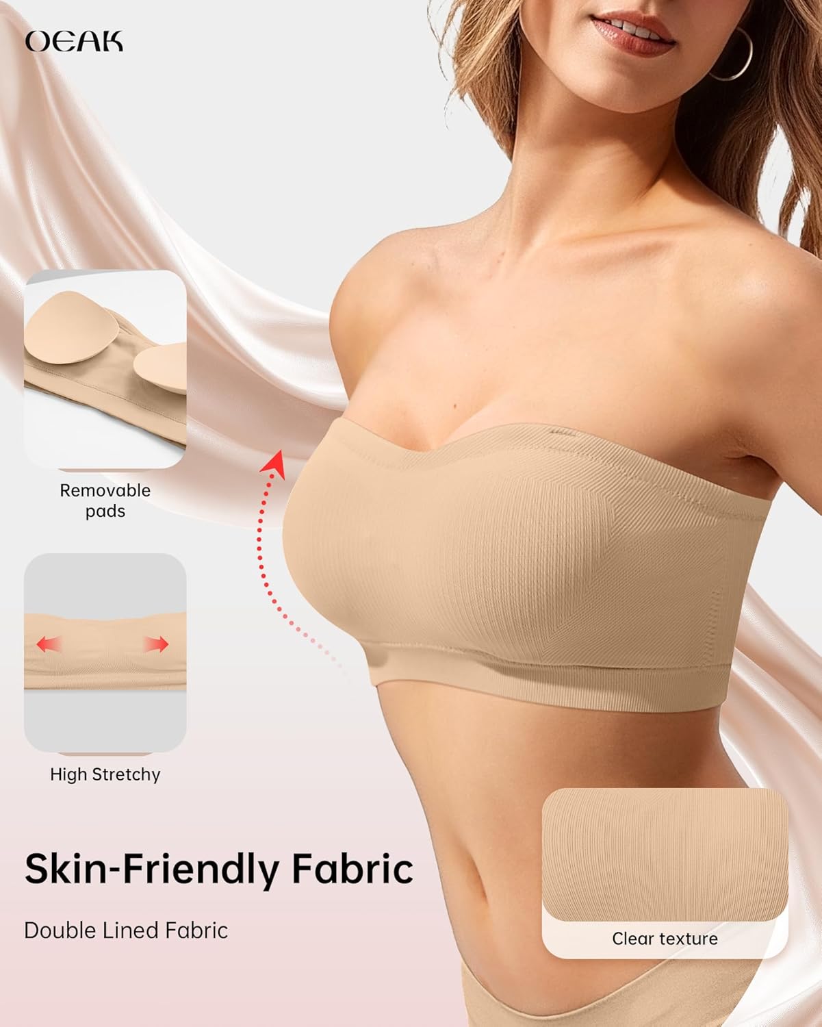 OEAK Strapless Bras for Women Wireless Bandeau Bra Non Slip Push Up Tube Top Seamless Bras Comfortable Padded Bralette - Image 2