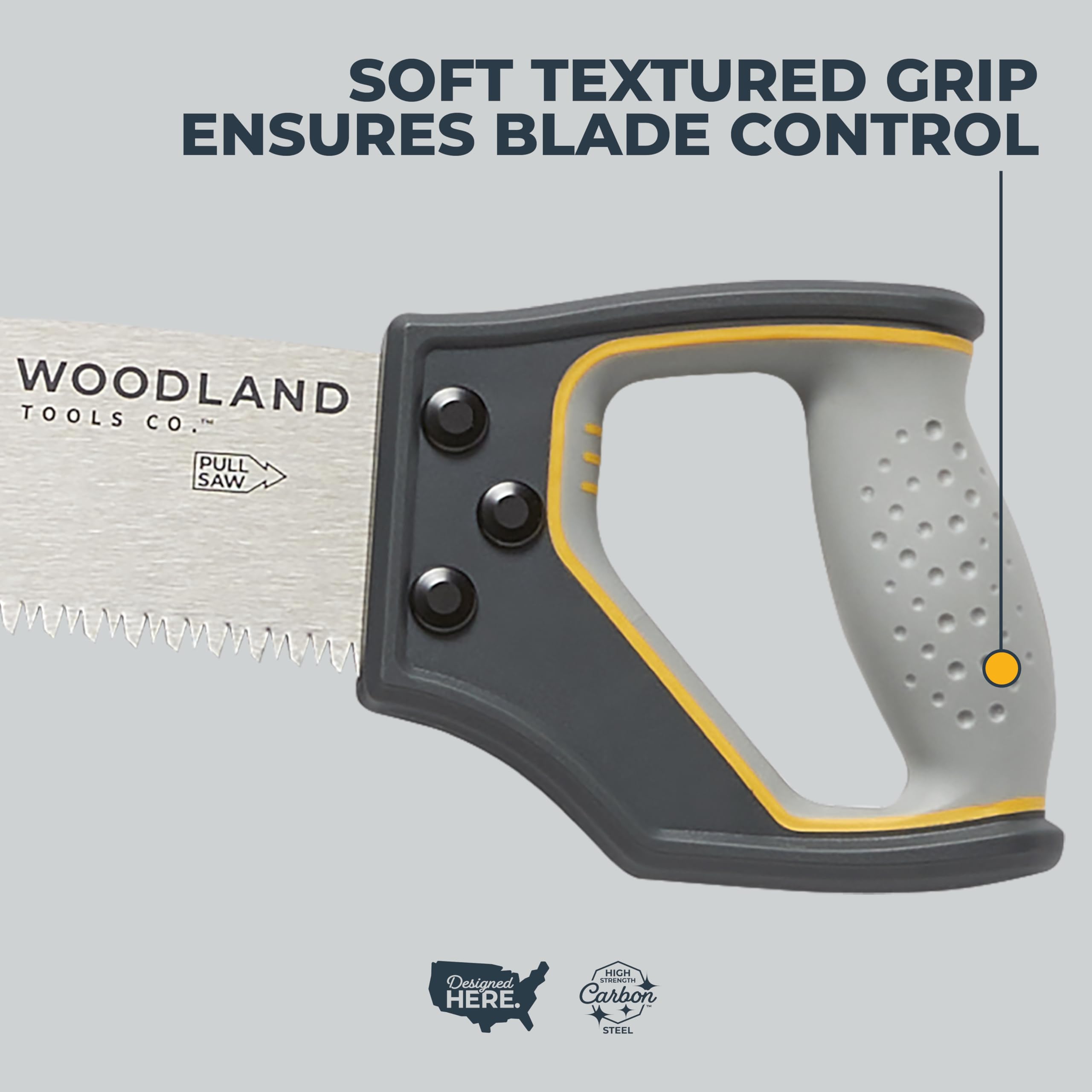 Woodland Tools Co. - Sierra de podar con mango en D, sierra de jardinería duradera con agarre ergonómico para podar ramas y cortar madera muerta