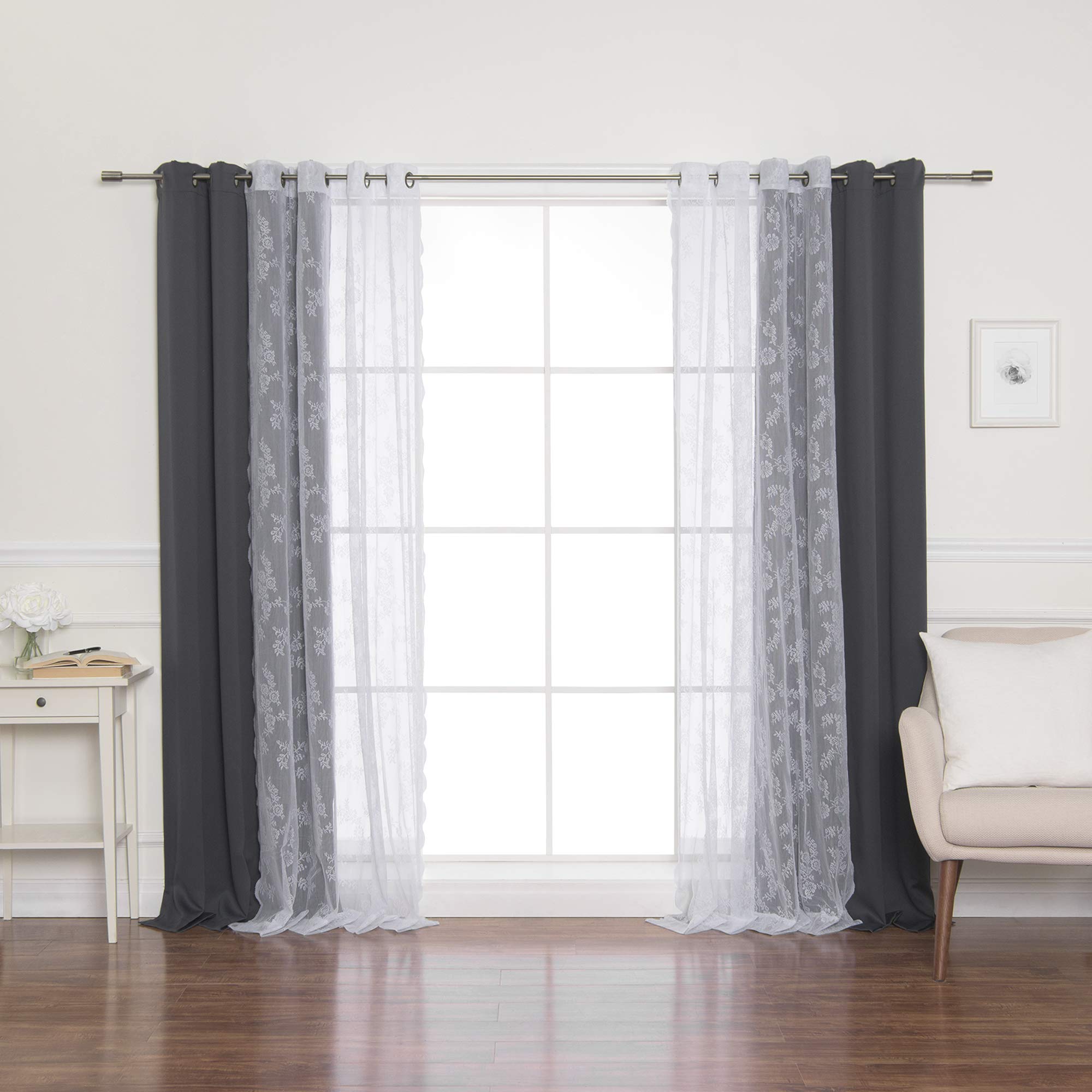 Best Home Fashion uMIXm Rose Sheers & Blackout Mix & Match Curtains - Dark Grey - 52