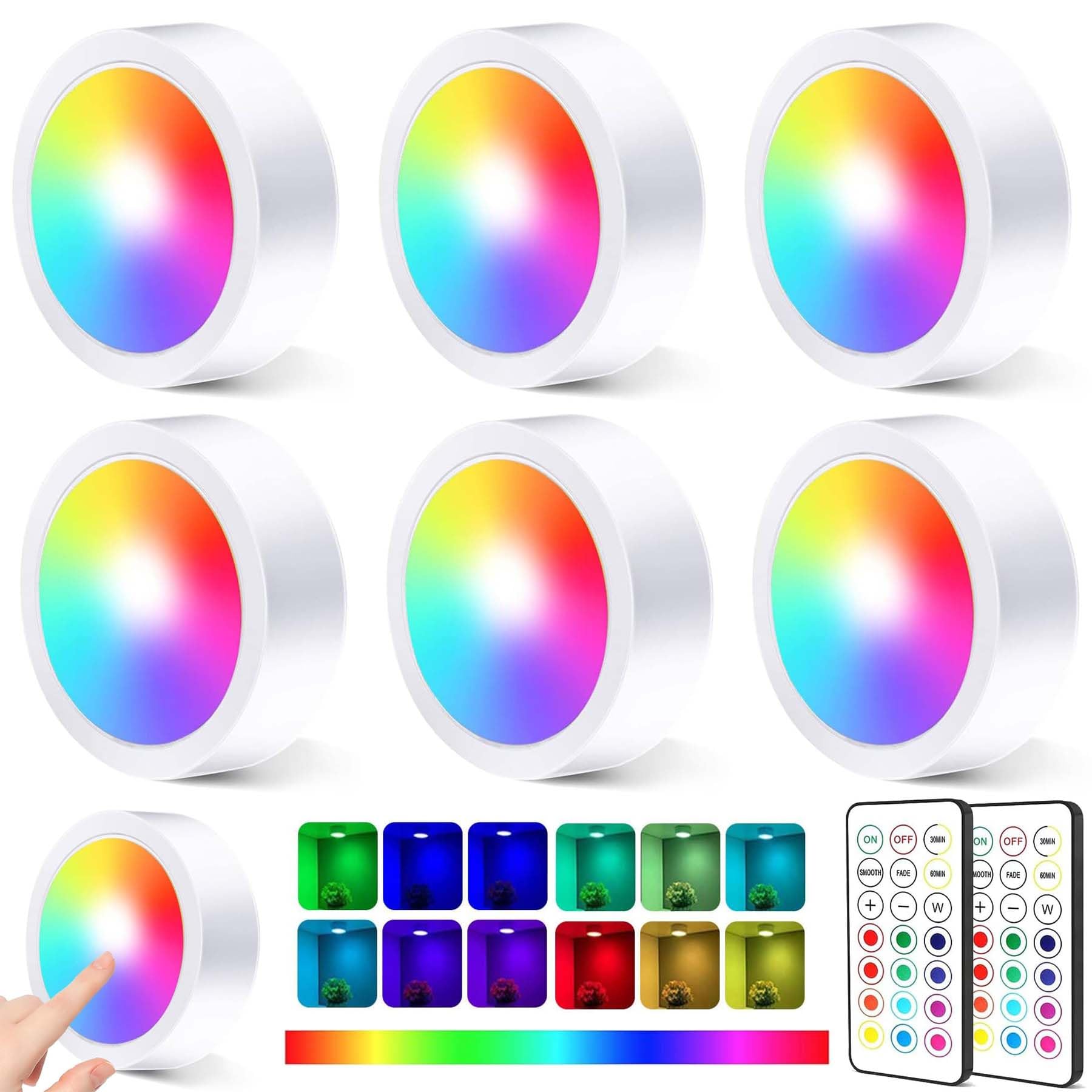 Lot De 6 Spots LED RVB à Piles Avec Télécommande – Lumière D’Ambiance 16 Couleurs, Minuterie, Mémoire, Idéal Armoire, Vitrine, Escalier