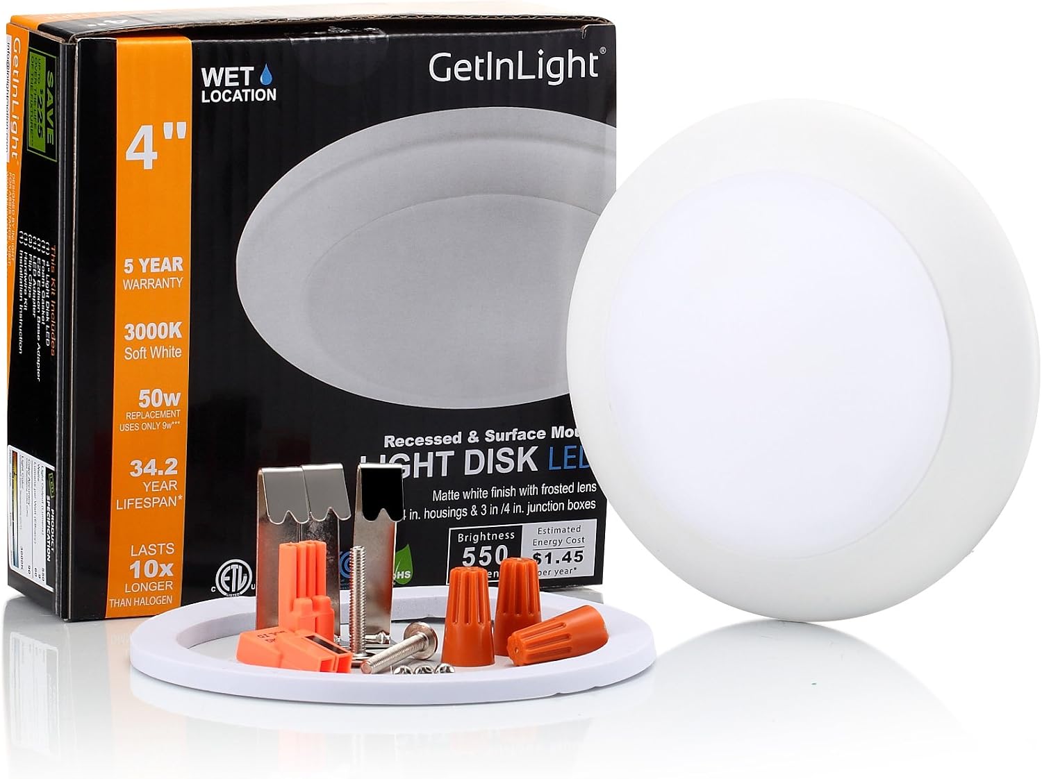 GetInLight Dimmable LED Disk Light, 4-Inch, Surface Mount or Recessed, Bright White 4000K, Matte White Finish, ETL Listed, Wet Location Rated, IN-0301-1-WH-40