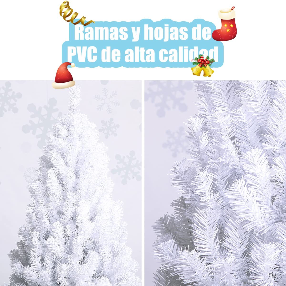 GOPLUS Árbol de Navidad Artificial Blanco de 150/180/210/240 cm con 950 Puntas de Rama PVC, Decoración Navideña Festiva con Soporte de Metal, Árvore de Natal Tradicional con Nieve (210cm Blanco)