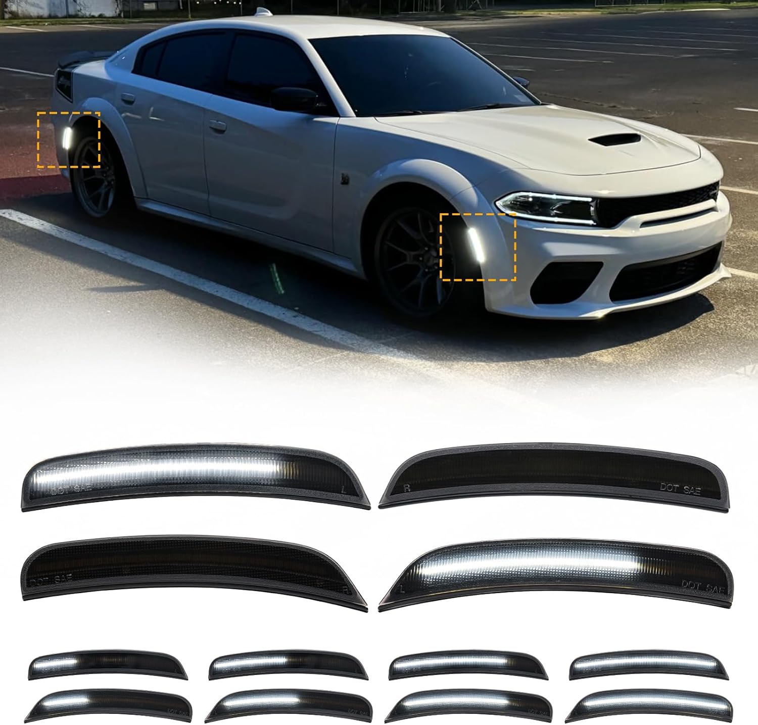 4PCS Dynamic White LED Side Marker Lights Compatible with Dodg'e Charger 2015-2023, Front & Rear Bumper Marker Position Lamps Smoked Lens Side Markers Light Fender Parking Assembly