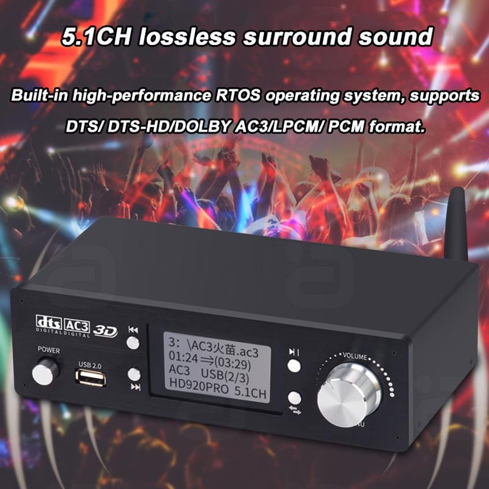 Decodificador De Audio 5.1, HDMI2.0 De Alta Definición DTS Dolby Atmos, Salida De Modo De 6 Canales, Admite Reproducción De Disco U DTS, AC3, WAV, FLAC, Ape, MP3 Y Otra Reproducción De Audio