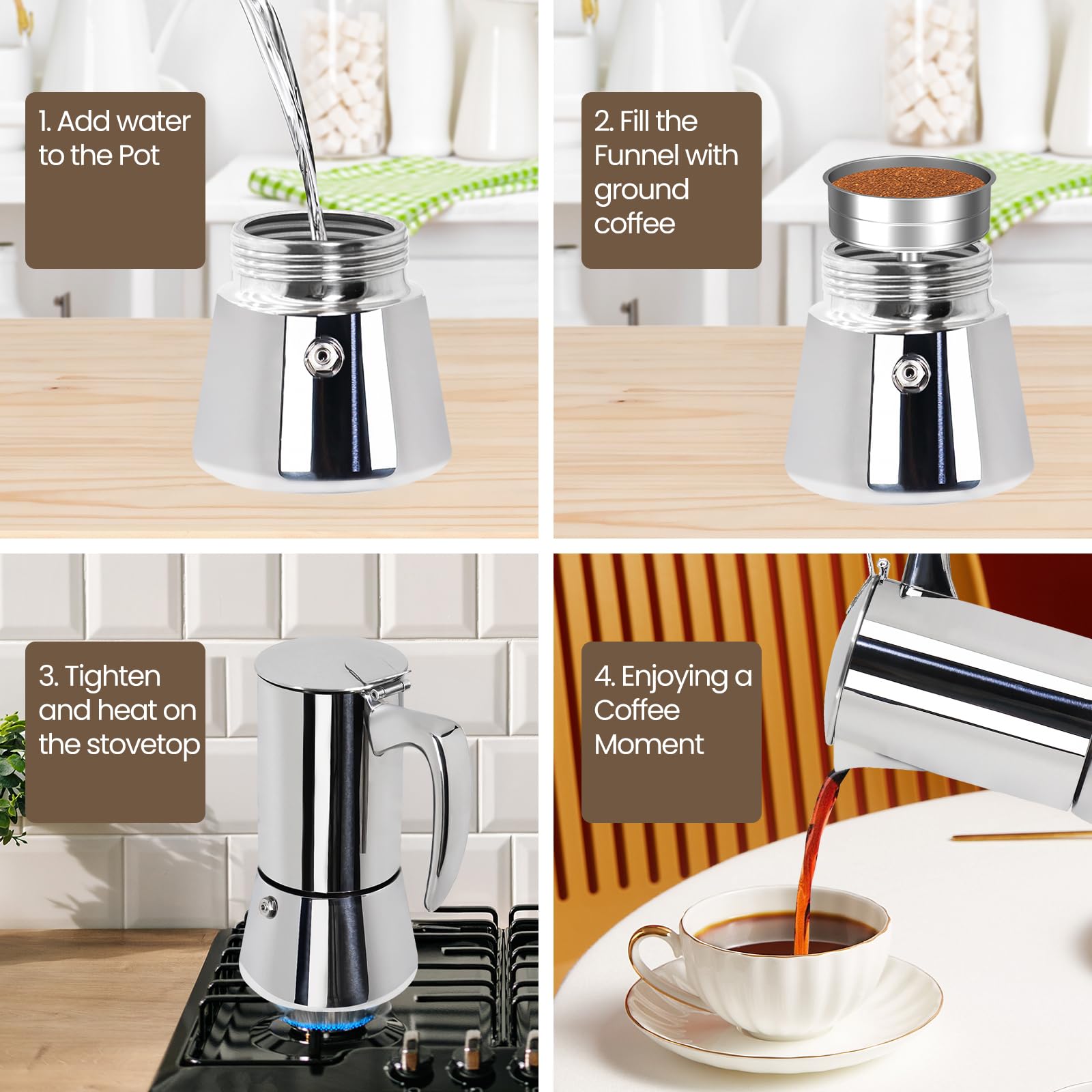 Verdickte Mokkakanne für 12 Tassen, 304 Edelstahl, 600 ml, italienische Espresso-Kaffeemaschine, Herd, Kaffeemaschine, Mokkakanne, Perkolator für Induktionsherd, klassische Café-Maschinen