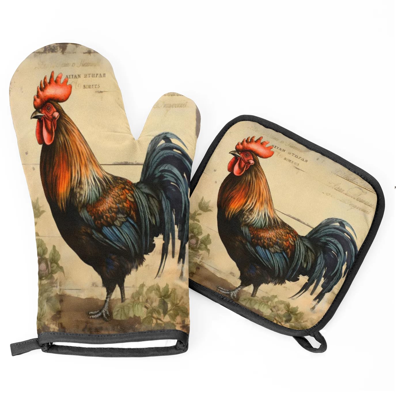 Rooster Flower Vintage Oven Mitts Kitchen Oven Gloves for Cooking Baking Heat Proof Lining Cotton Kitchen Potholder Mittens Pot Holders Hot Pads for Chef Women Men