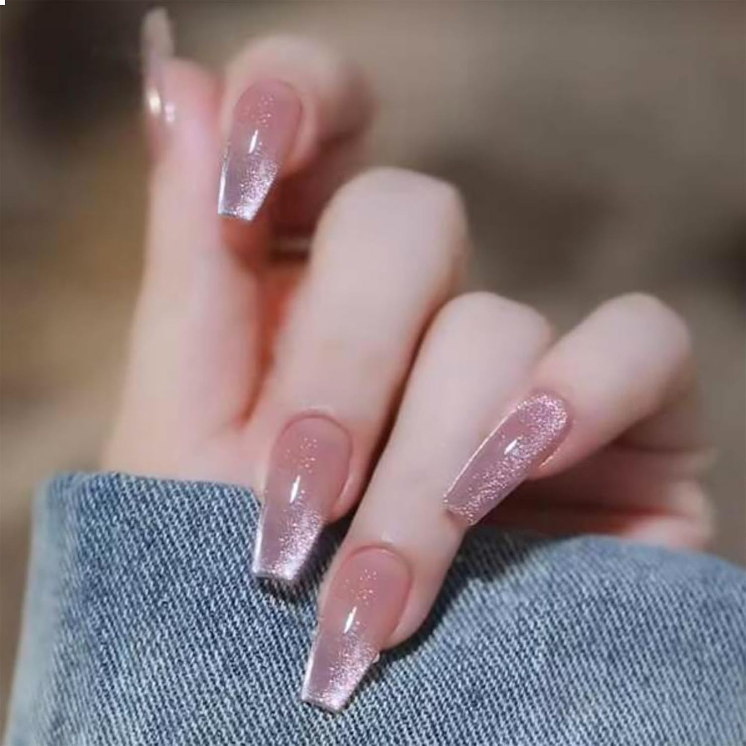 24 stuks kunstnagels in nude kleuren, lange Coffin kunstnagels met gradiënt-design, glitter-druknagels, volledige afdekking, glanzend, acrylnagels, geldruknagel