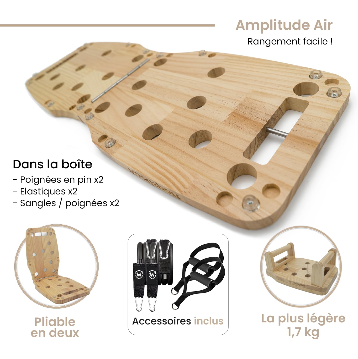 Amplitude – Push up board Premium en bois – Planche a pompe pliable - Planche pompe musculation Sport maison + 2 Elastiques + guide d’entraînement 30 en 1