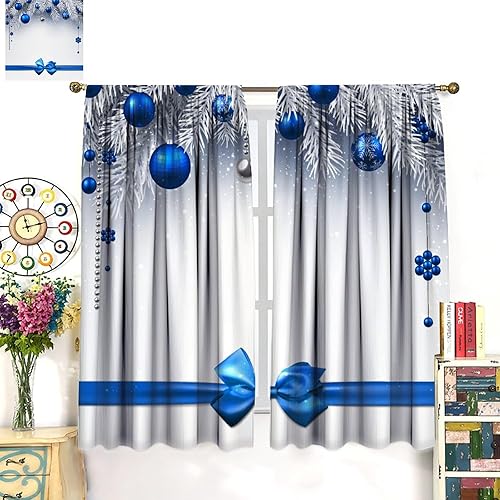 Miniatura 3 de Cortinas de lazo azul, patrones de bola azul de Navidad y nieve, ramas de pino plateado, tratamiento de ventana opacas para decoración de Año Nuevo,