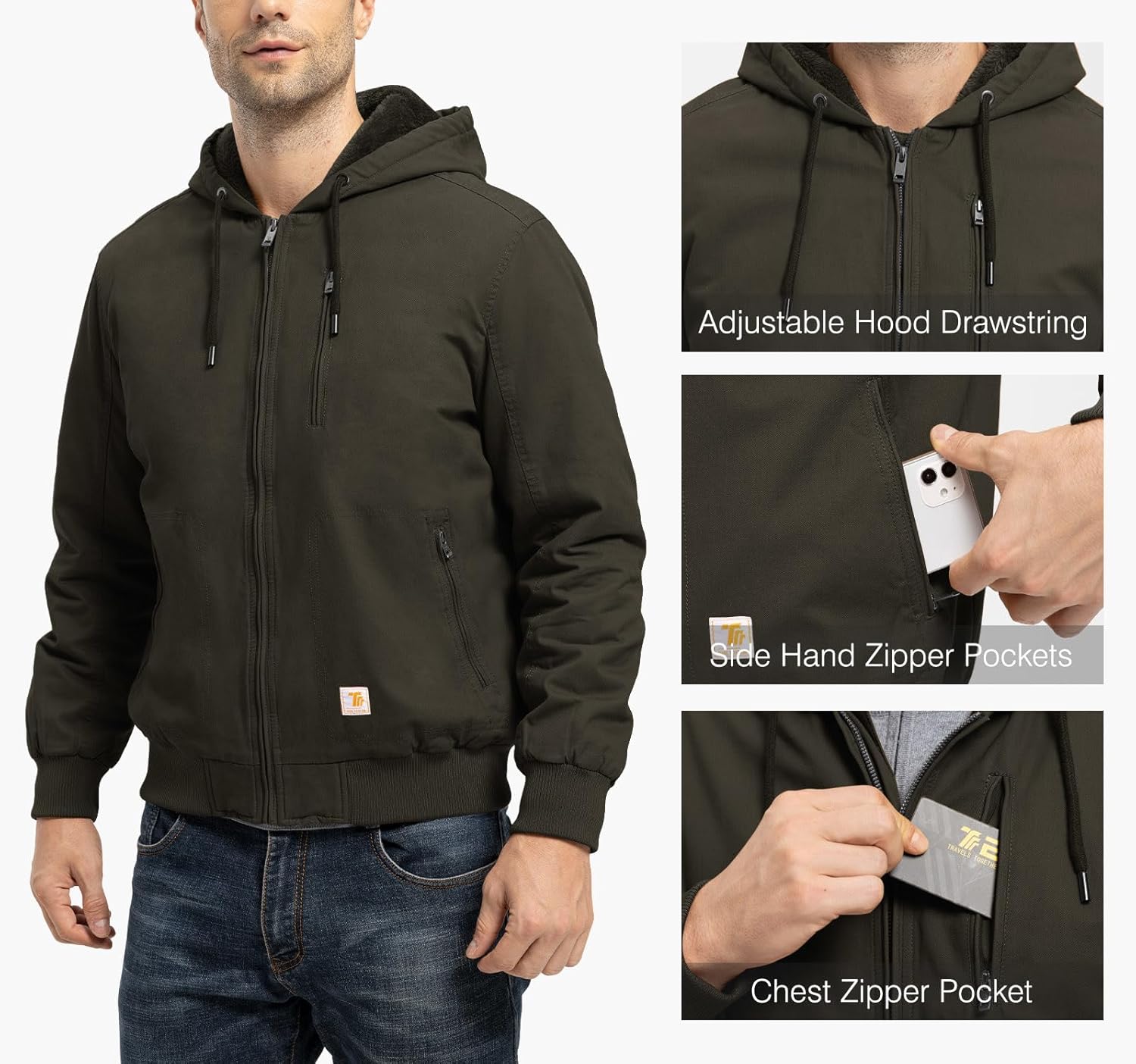 TBMPOY Men's Winter Jackets Hooded Work Cotton Fleece Lined Duck Coats Flannel Active Workwear Coat - Image 5