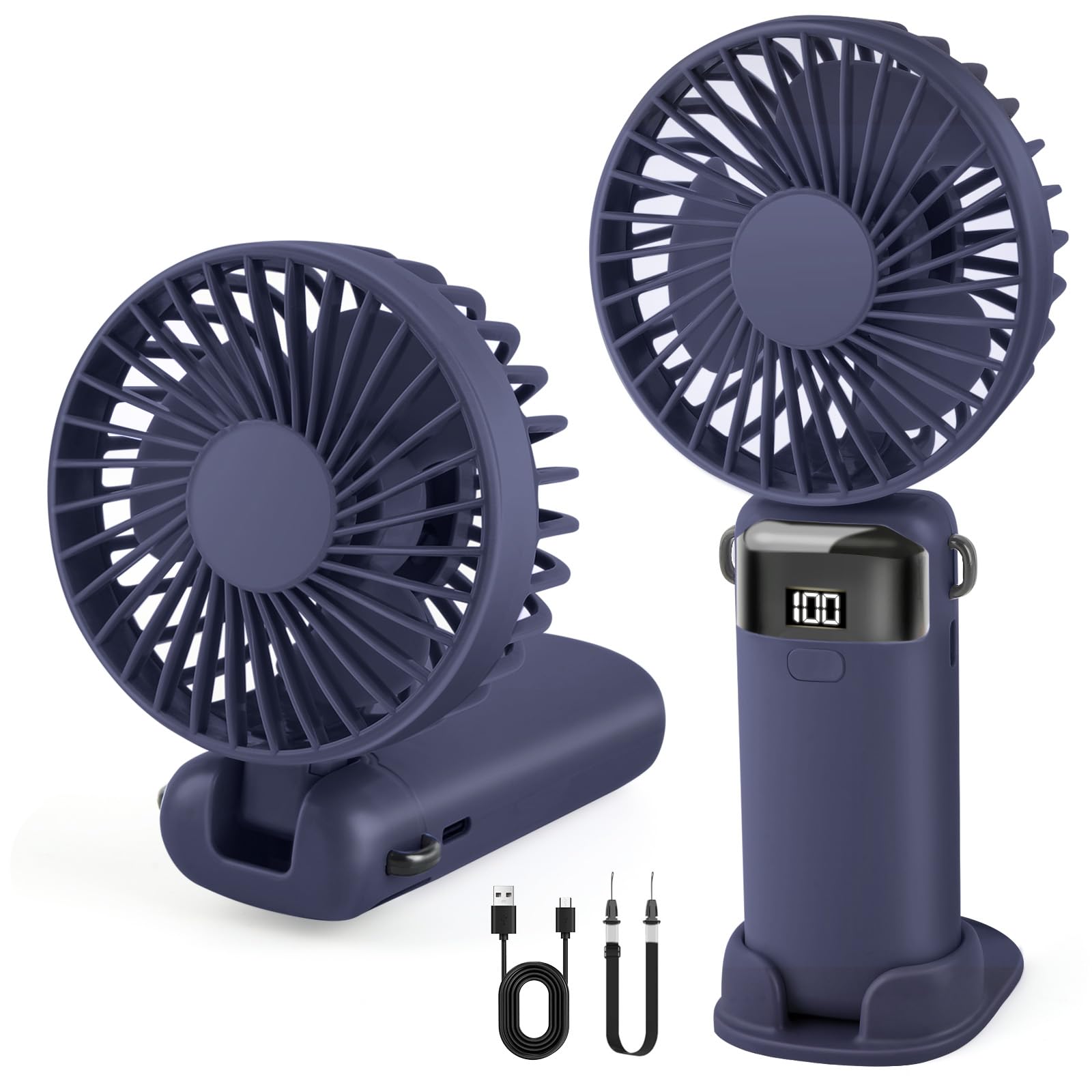 Portable Handheld Fan Rechargeable Small Fan 5 Speeds with Lanyard and Base USB Desk Fan Foldable Quiet Personal Fan with LED Display for Office, Home, Travel, Outdoor