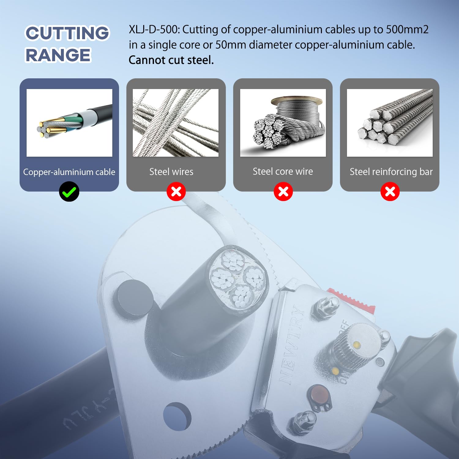 NEWTRY Coupe-câble à cliquet pour couper les fils de cuivre et d'aluminium jusqu'à 500mm², acier inoxydable avec poignée rétractable, XLJ-D-500 | pour couper les fils de cuivre et d'aluminium avec poignée rétractable, acier inoxydable, XLJ-D-500