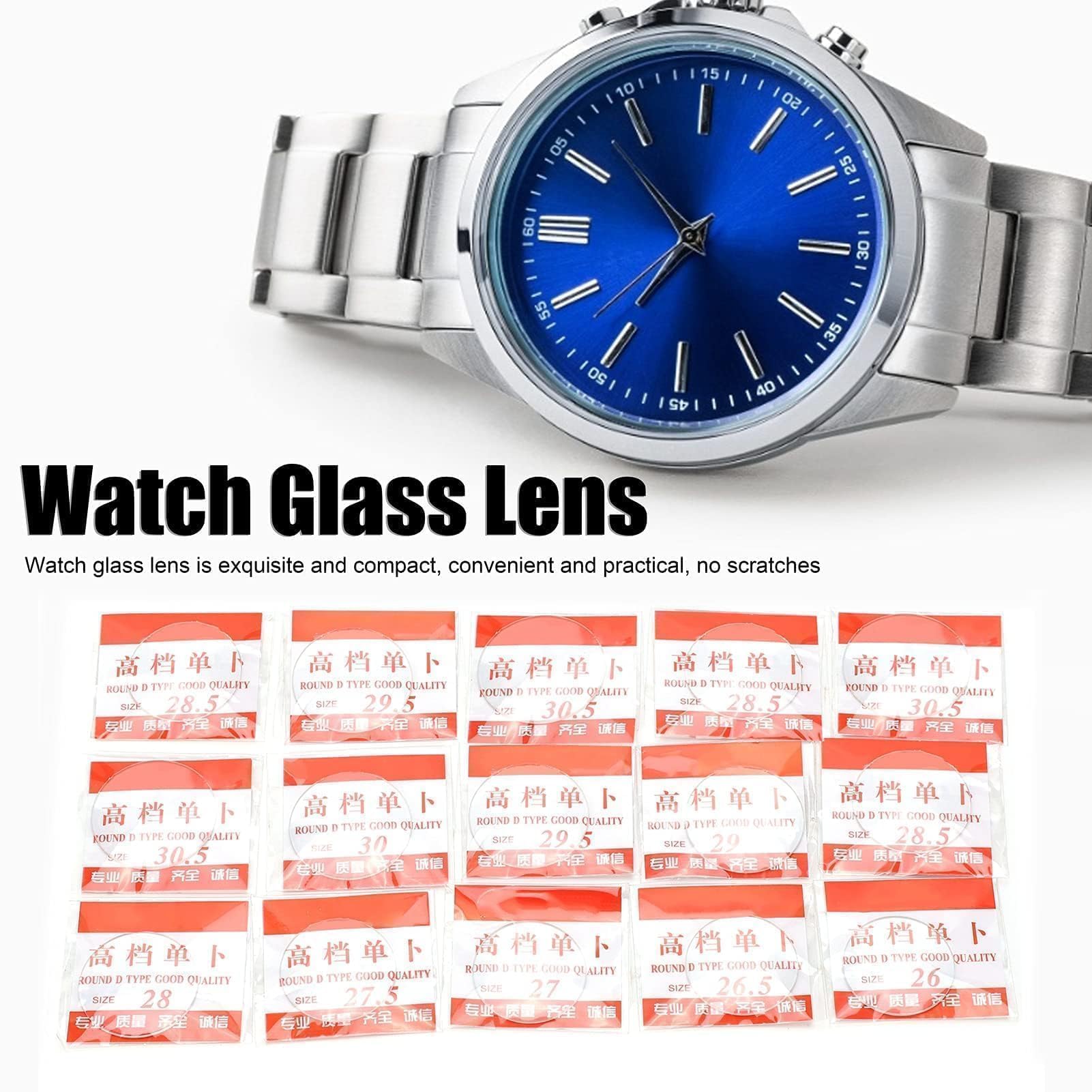15Pcs Watch Crystal Lens Glass, 26?33mm Convex Concave Back Arch Mineral Glass Lens Round Crystal Watch Glass Measuring Cup Lid for Watchmaker Repair, Clear