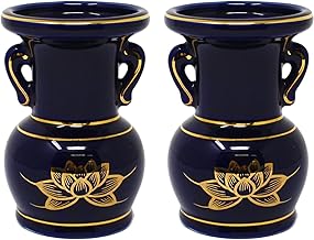 A&K 仏具 仏花立て 2点セット (一対/瑠璃金 ハス/紺) 仏壇用 花器 花瓶 お供え (直径7×高さ10.5cm) 花立て 3.5寸 陶磁器 お盆 彼岸 お悔み