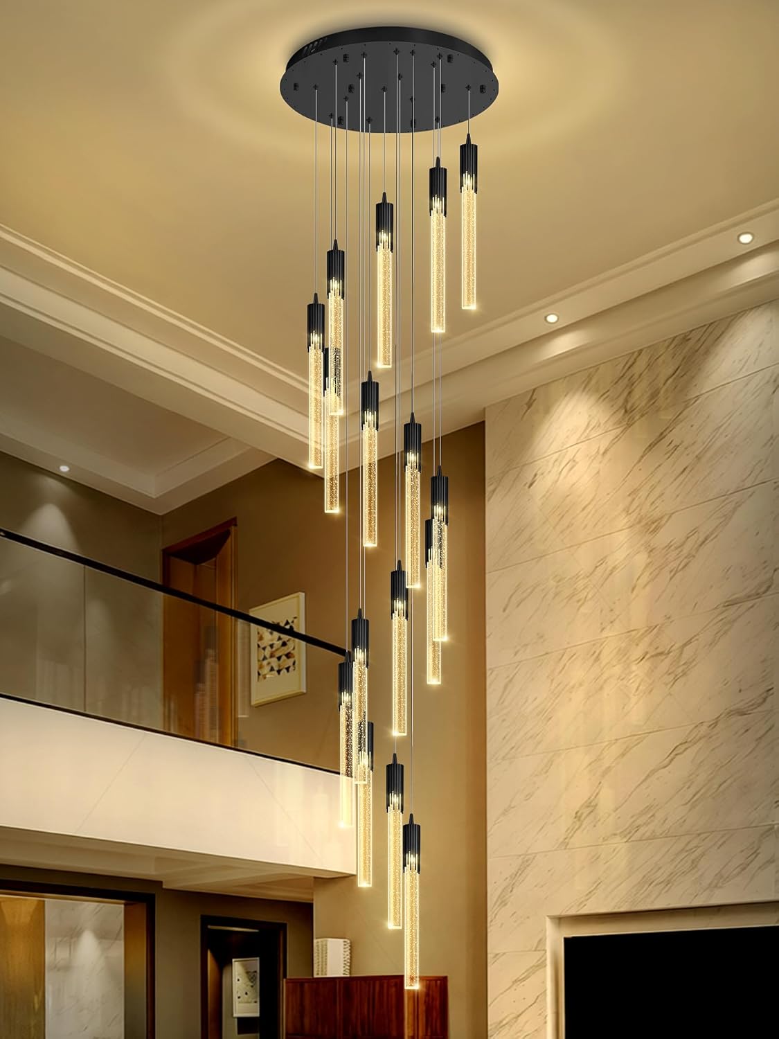 Flashing God 137'' Large Crystal Chandeliers for High Ceiling 16-Lights Stairway Chandelier Modern Black Chandelier Crystal Pendant Ceiling Light for Living Room Foyer Entrance