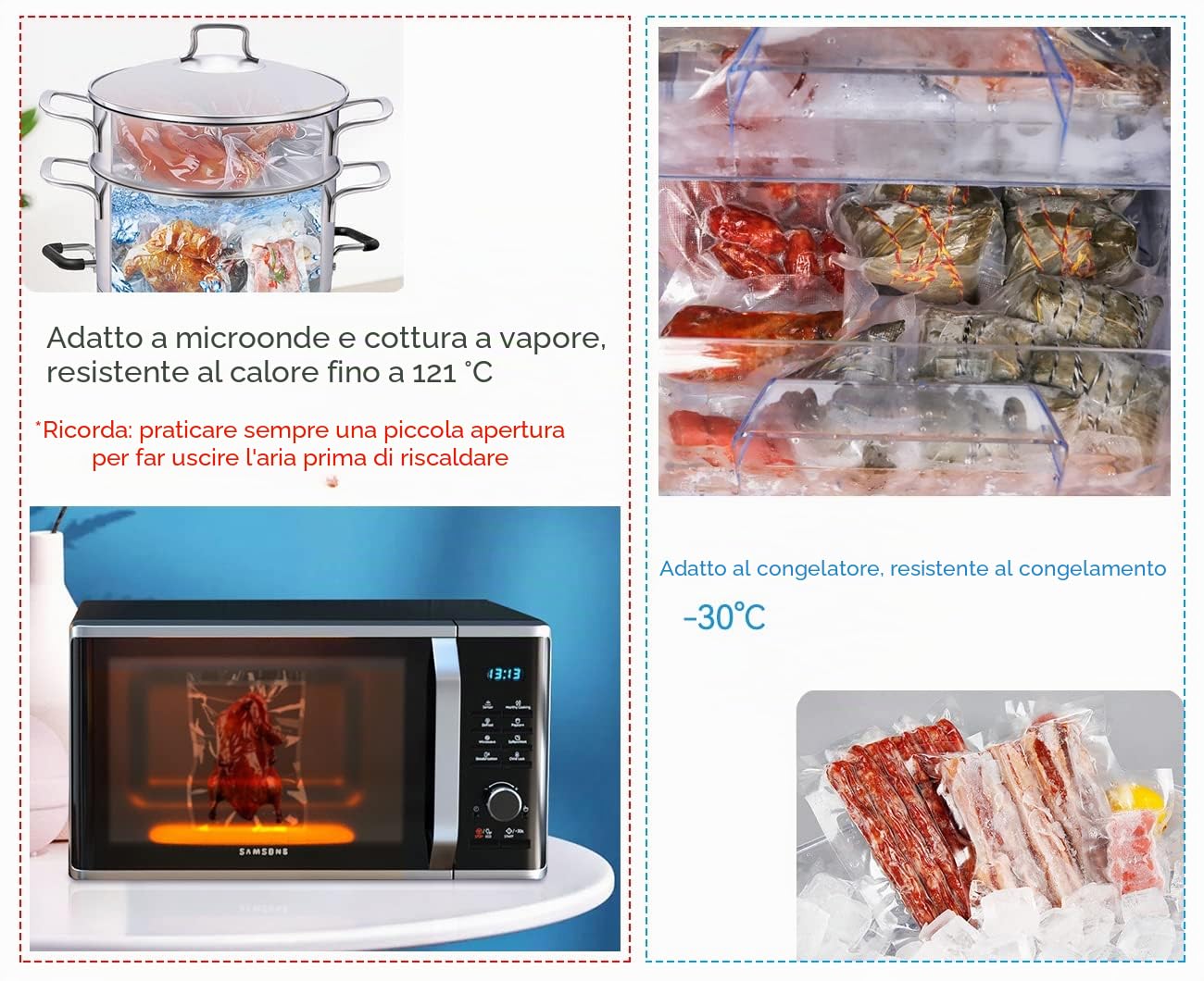 200 Pcs Sacchetti Buste Sottovuoto Goffrati per Alimenti 10x15/15x20/20x25/20x30cm, Sacchetto Sottovuoto per Cottura senza BPA, Trasparente Sous Vide Sacchetti per Cottura Sottovuoto (200)