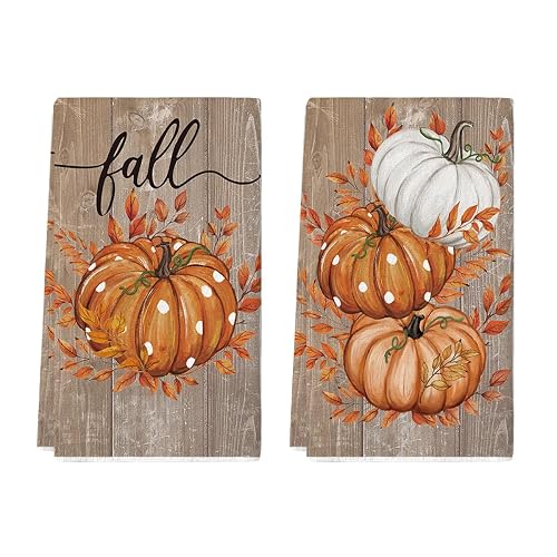 Artoid Mode Wood Pumpkin Leaves Fall Kitchen Towels Set of 2 18x26 Inch | Thanksgiving Autumn Wood Buffalo Plaid Hand & Dish Towels,Ultra Absorbent,Seasonal Farmhouse Decoration