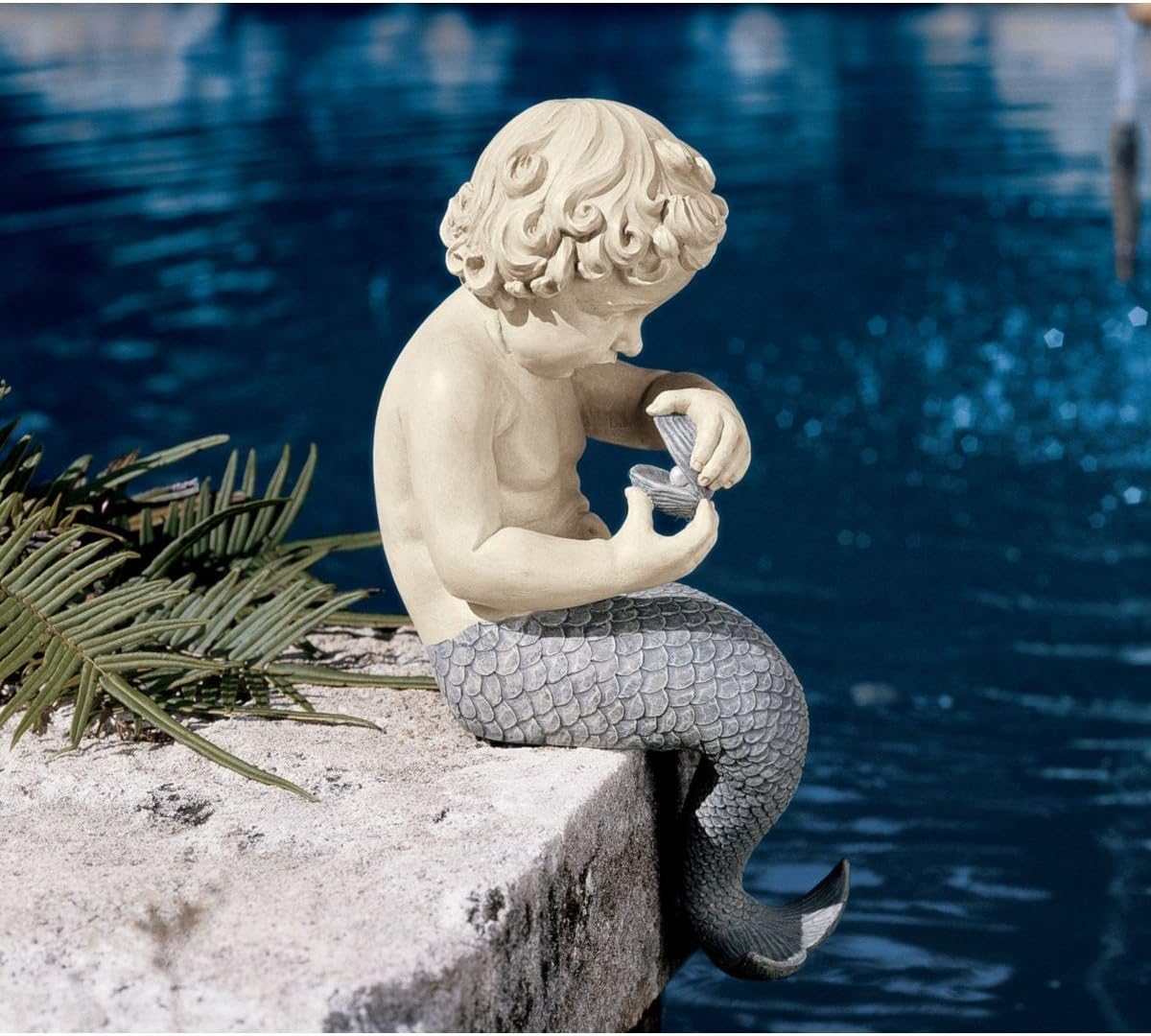Design Toscano Ocean's Little Treasures Sitting Mermaid Garden Statue, 15 Inch, Resin, Faux Two Tone Stone Finish