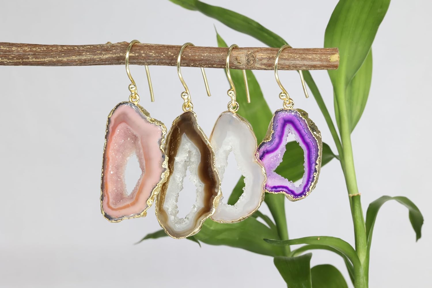 Bespoke Unique Geode Agate Slice Druzy Gold and Silver dangle earrings for Women gemstone size approximately 30-40mm Long